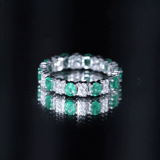 Oval Emerald and Moissanite Eternity Wedding Band