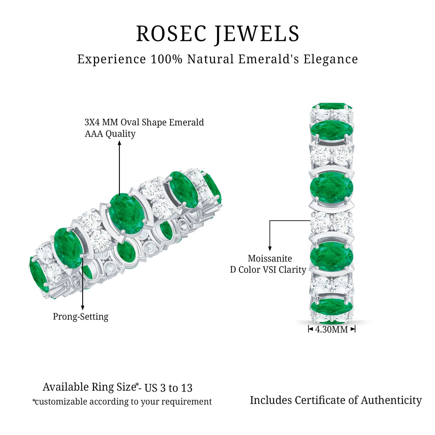 Oval Emerald and Moissanite Eternity Wedding Band