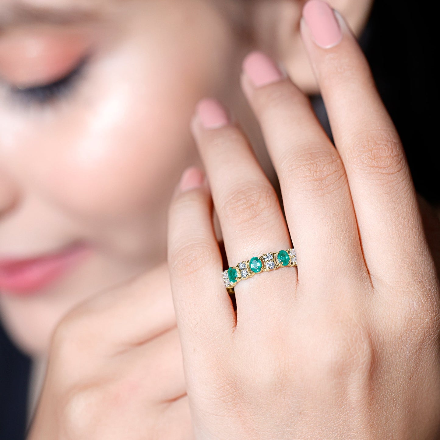 Oval Emerald and Moissanite Eternity Wedding Band