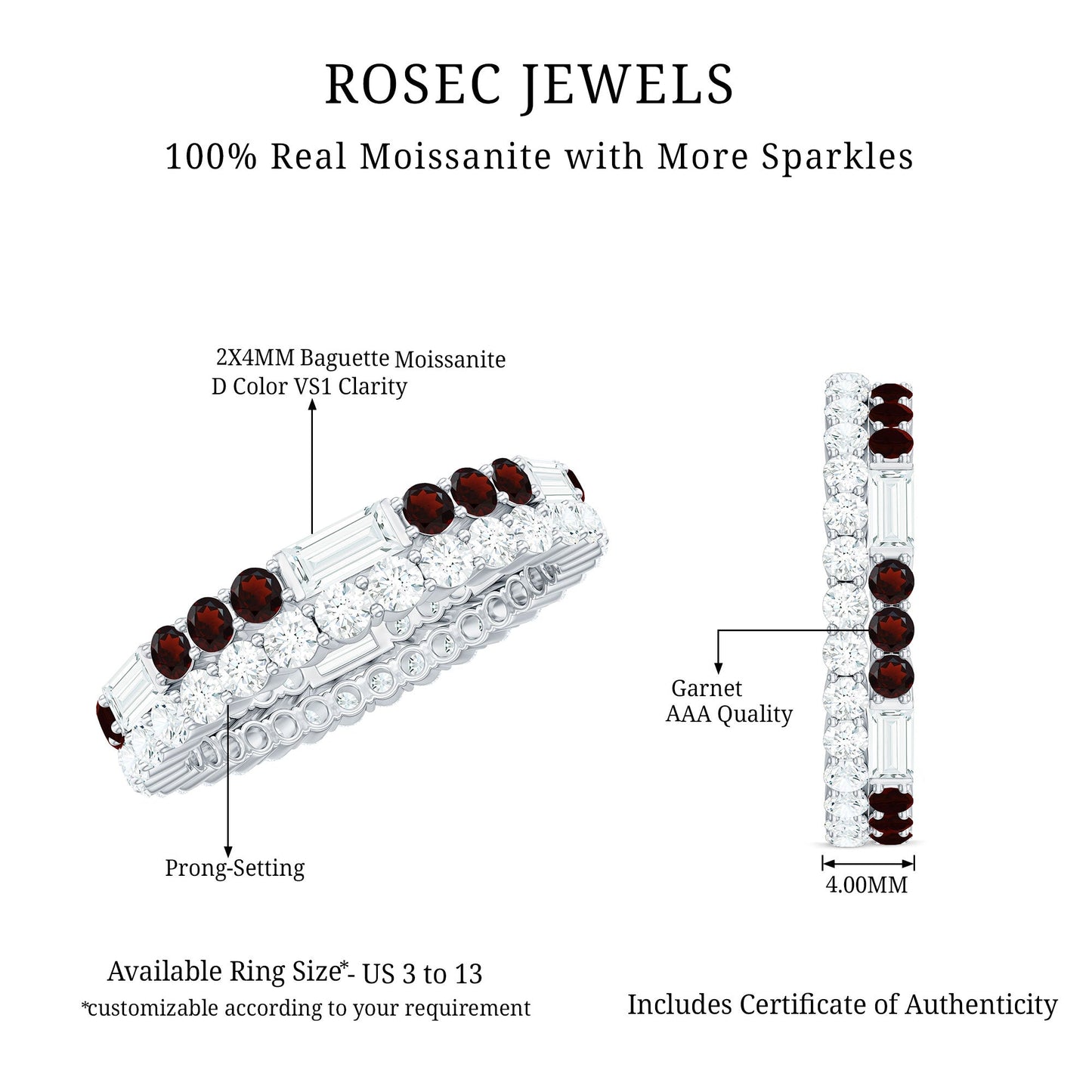 Certified Real Garnet Two Row Wedding Eternity Band Ring