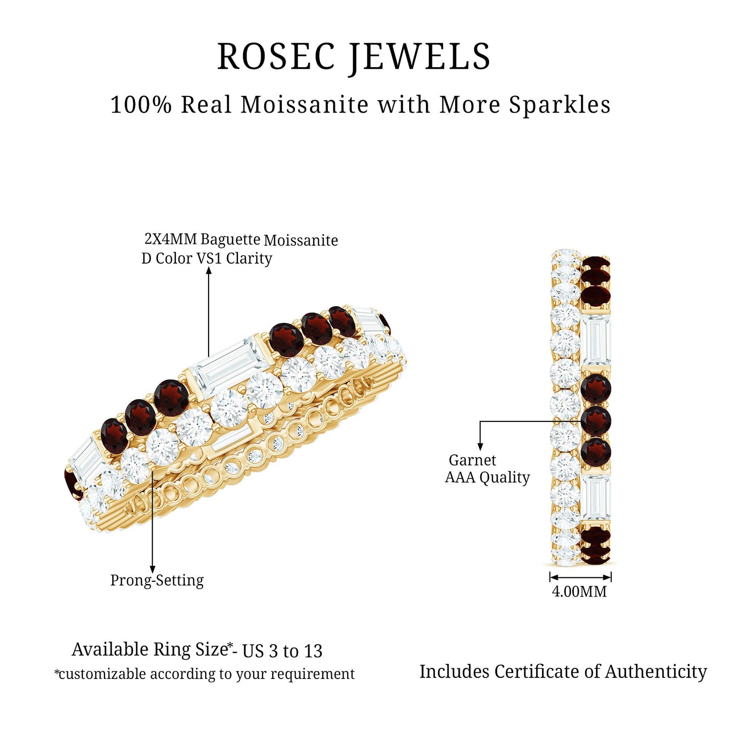 Certified Real Garnet Two Row Wedding Eternity Band Ring