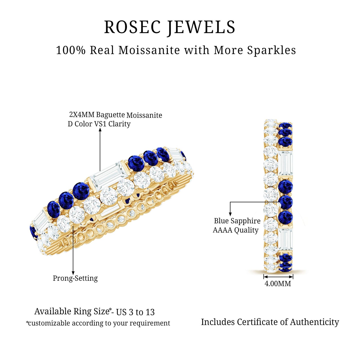 Certified Moissanite Eternity Band Ring with Lab Blue Sapphire