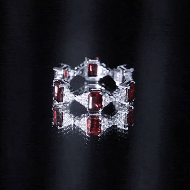 Art Deco Emerald Cut Garnet Eternity Band Ring with Moissanite