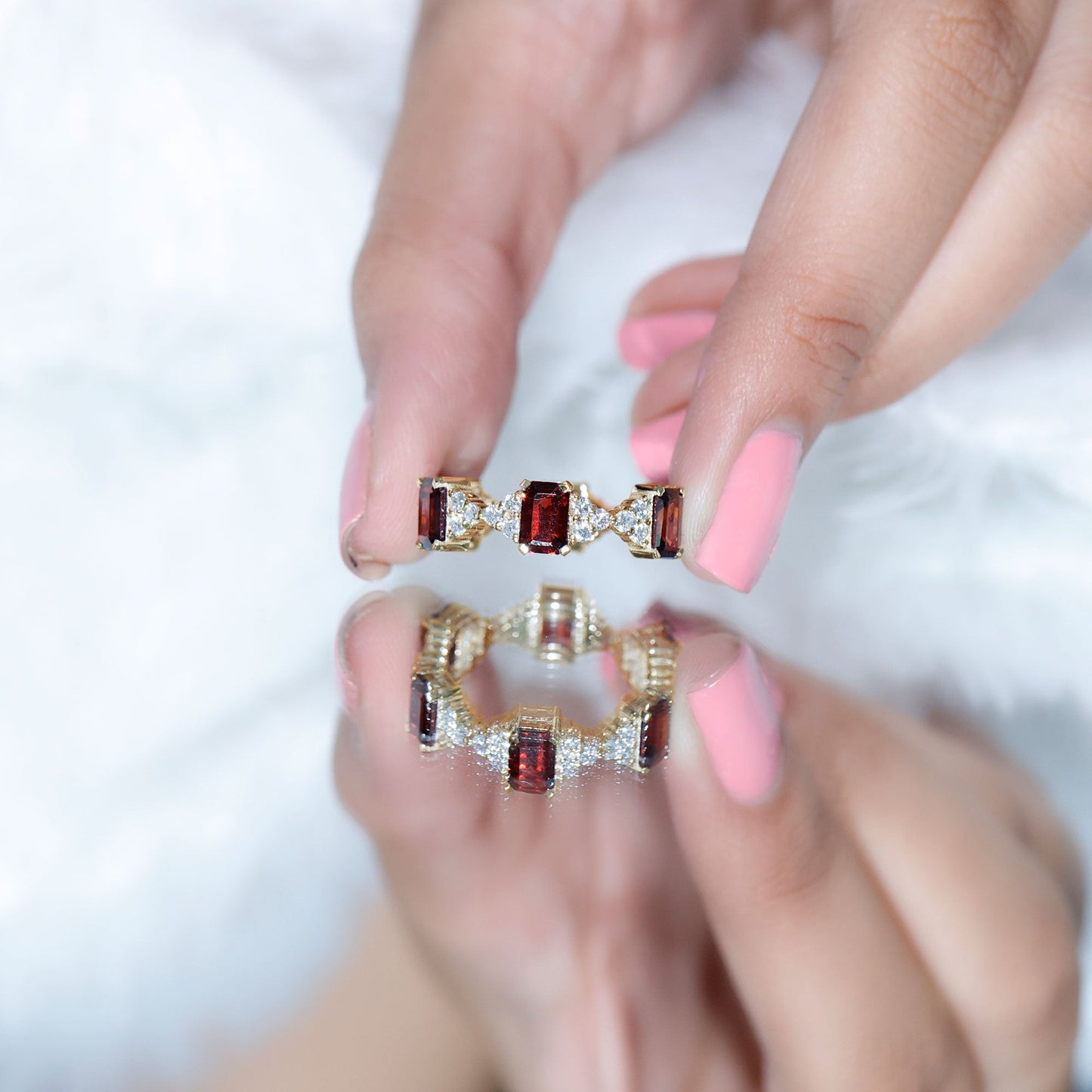 Art Deco Emerald Cut Garnet Eternity Band Ring with Moissanite