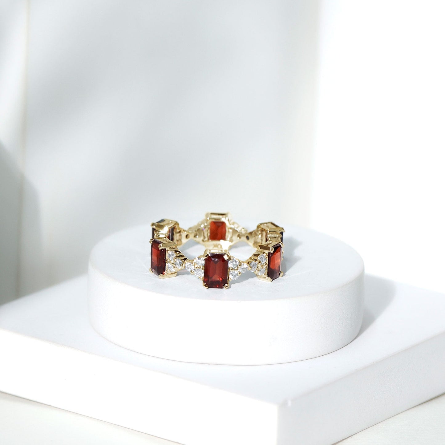 Art Deco Emerald Cut Garnet Eternity Band Ring with Moissanite