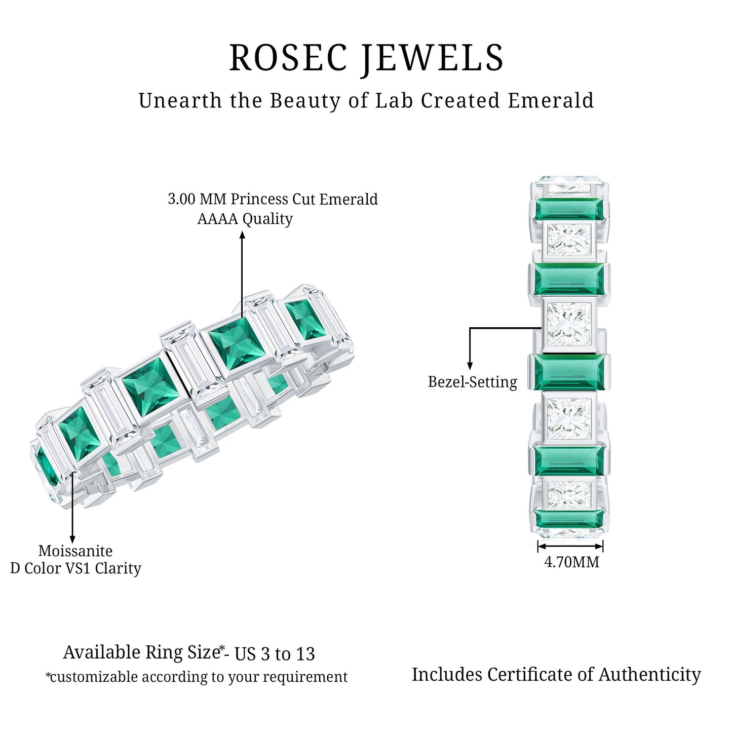 Certified Bezel Set Lab Grown Emerald Eternity Wedding Band with Moissanite