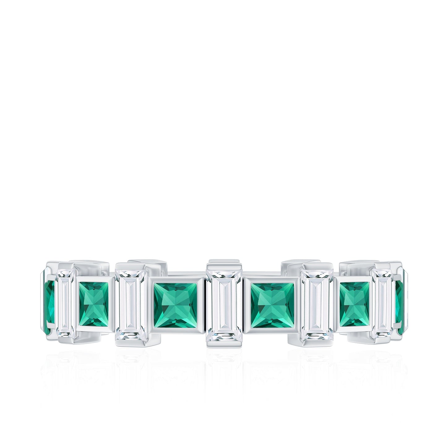 Certified Bezel Set Lab Grown Emerald Eternity Wedding Band with Moissanite