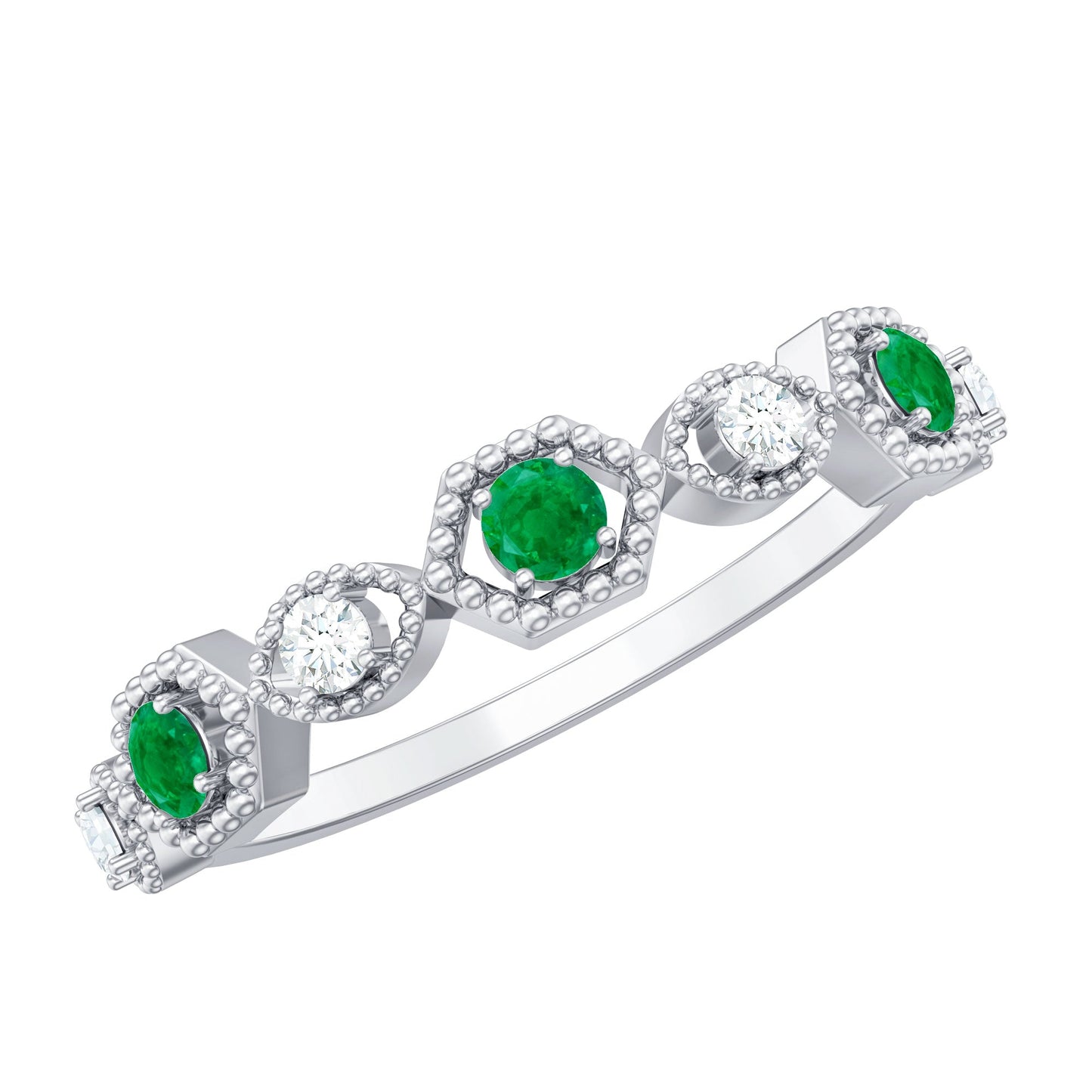 Certified Natural Emerald Art Deco Half Eternity Ring with Diamond