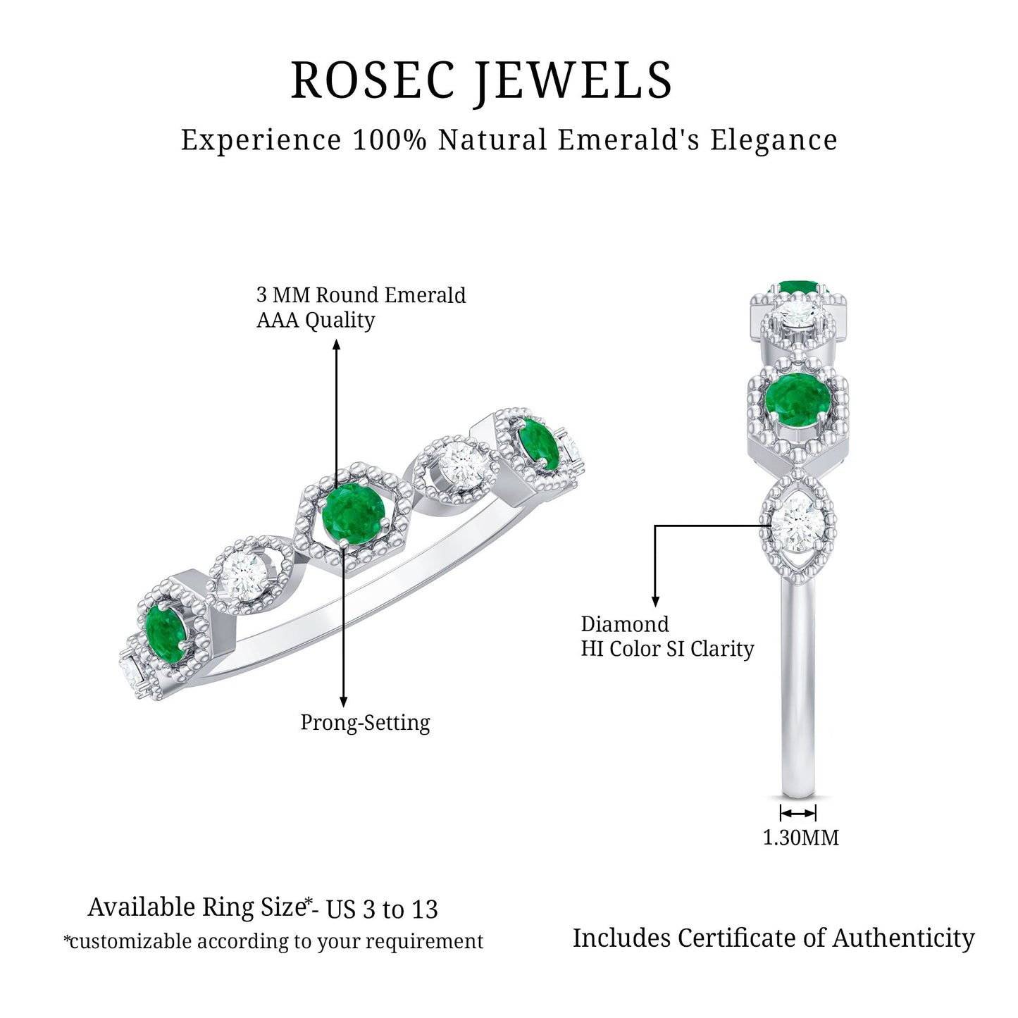 Certified Natural Emerald Art Deco Half Eternity Ring with Diamond