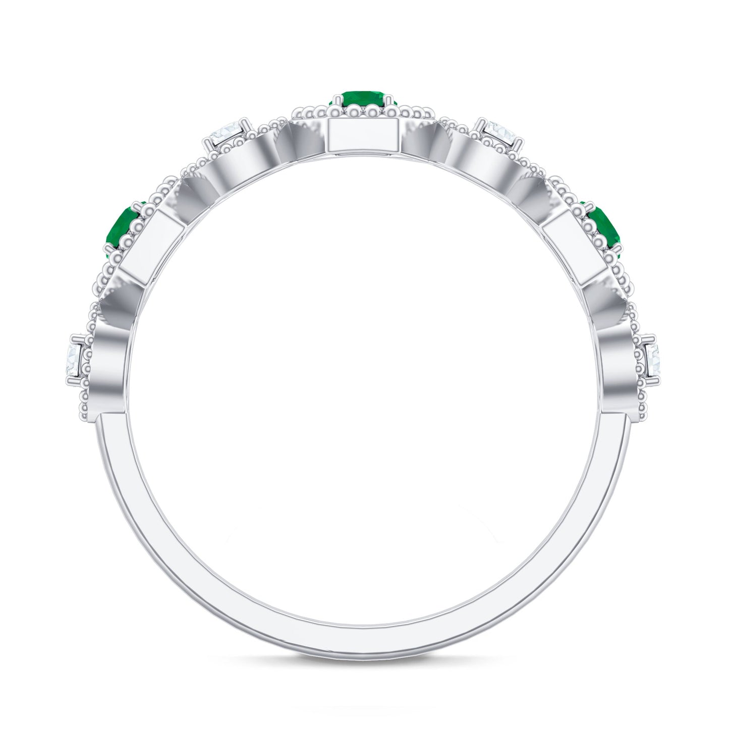 Certified Natural Emerald Art Deco Half Eternity Ring with Diamond
