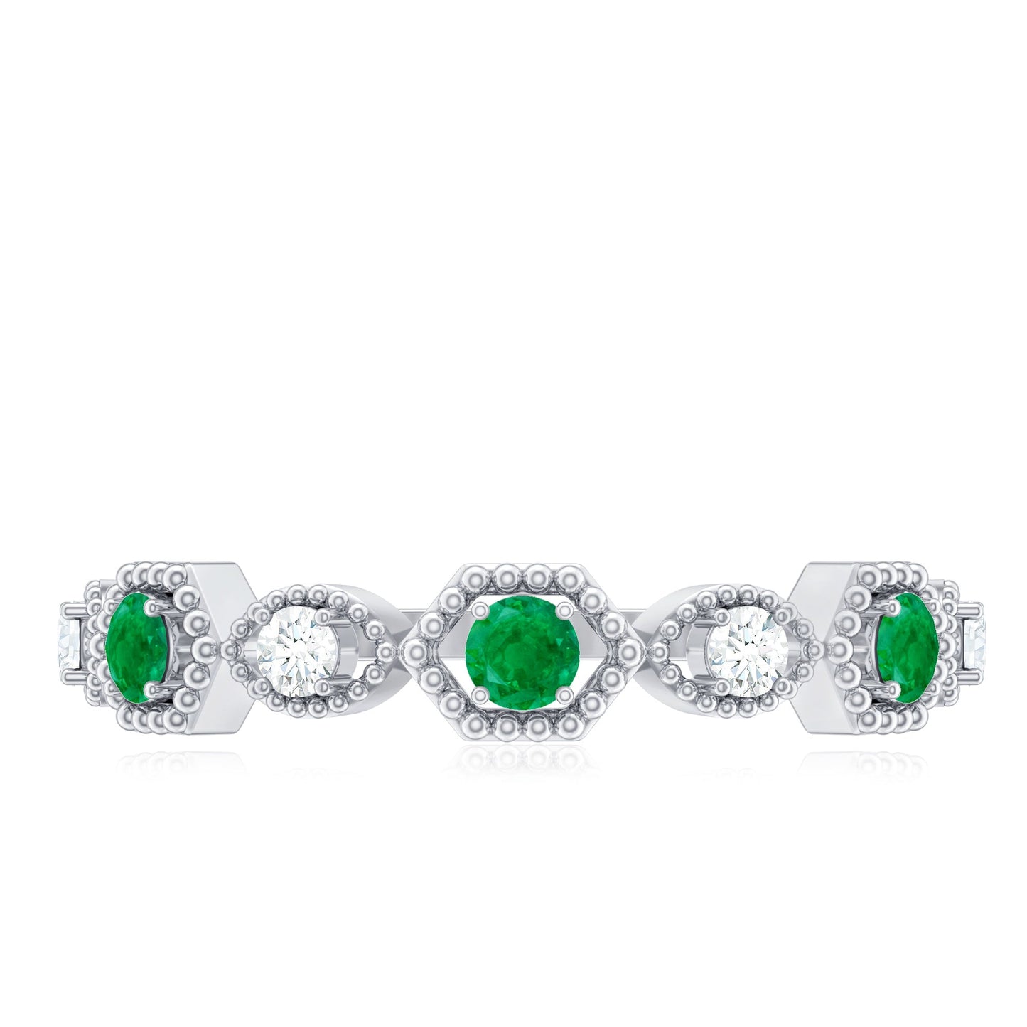 Certified Natural Emerald Art Deco Half Eternity Ring with Diamond