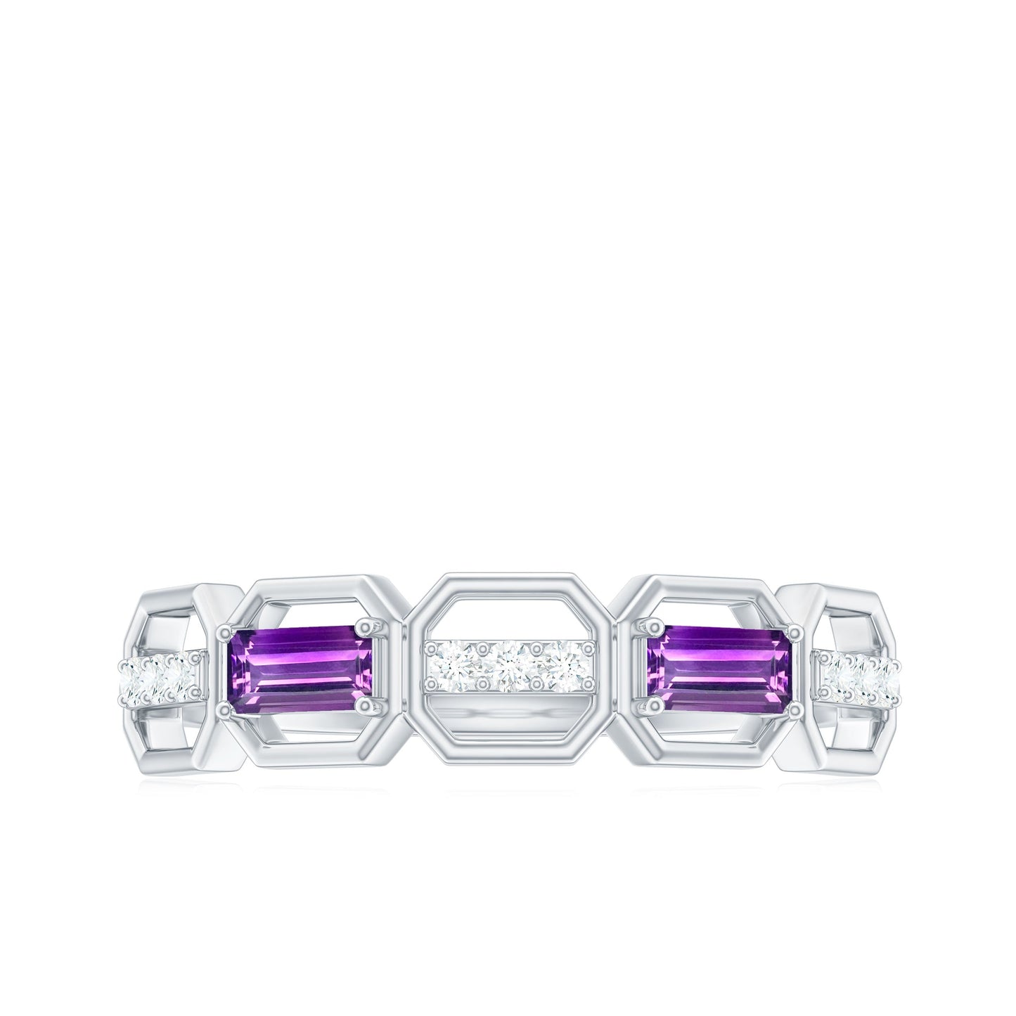 Natural Baguette Amethyst Half Eternity Wedding Band with Diamond