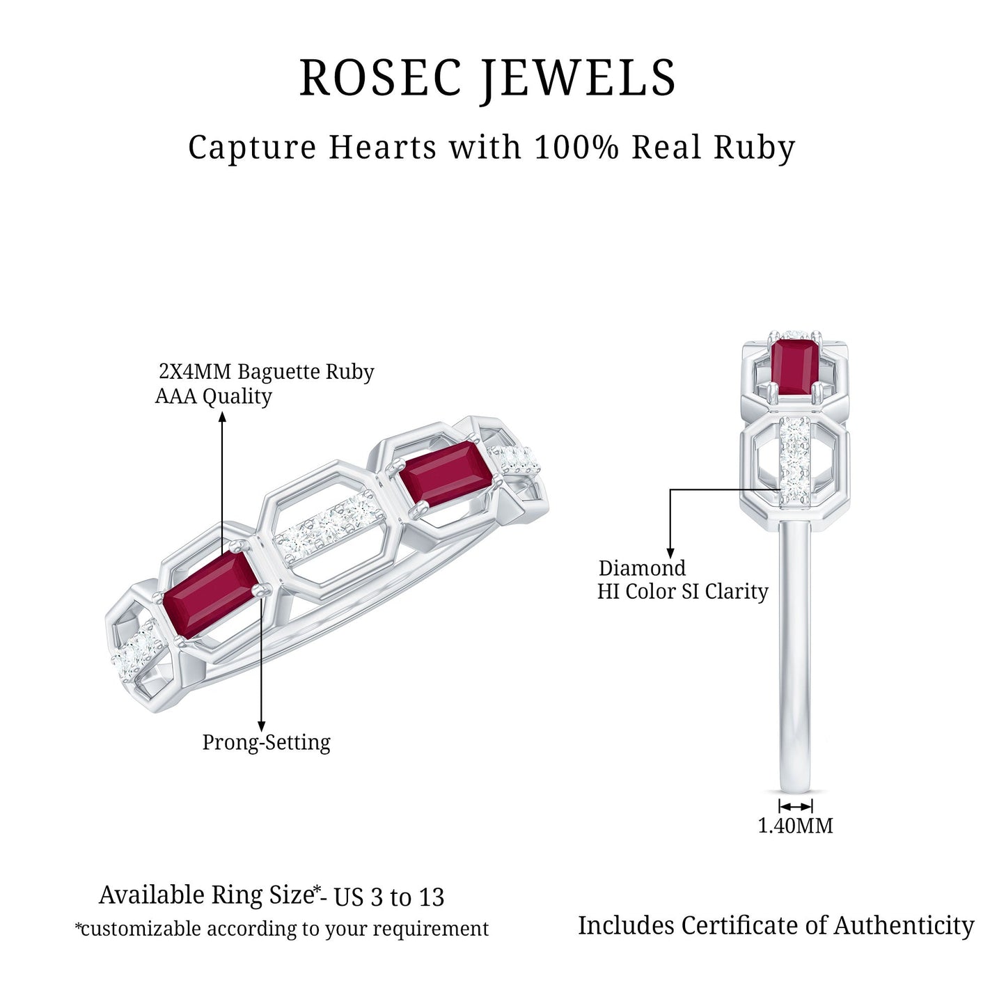 Natural Baguette Ruby Band Ring with Diamond