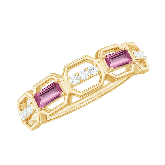 Pink Tourmaline and Diamond Geometric Half Eternity Ring