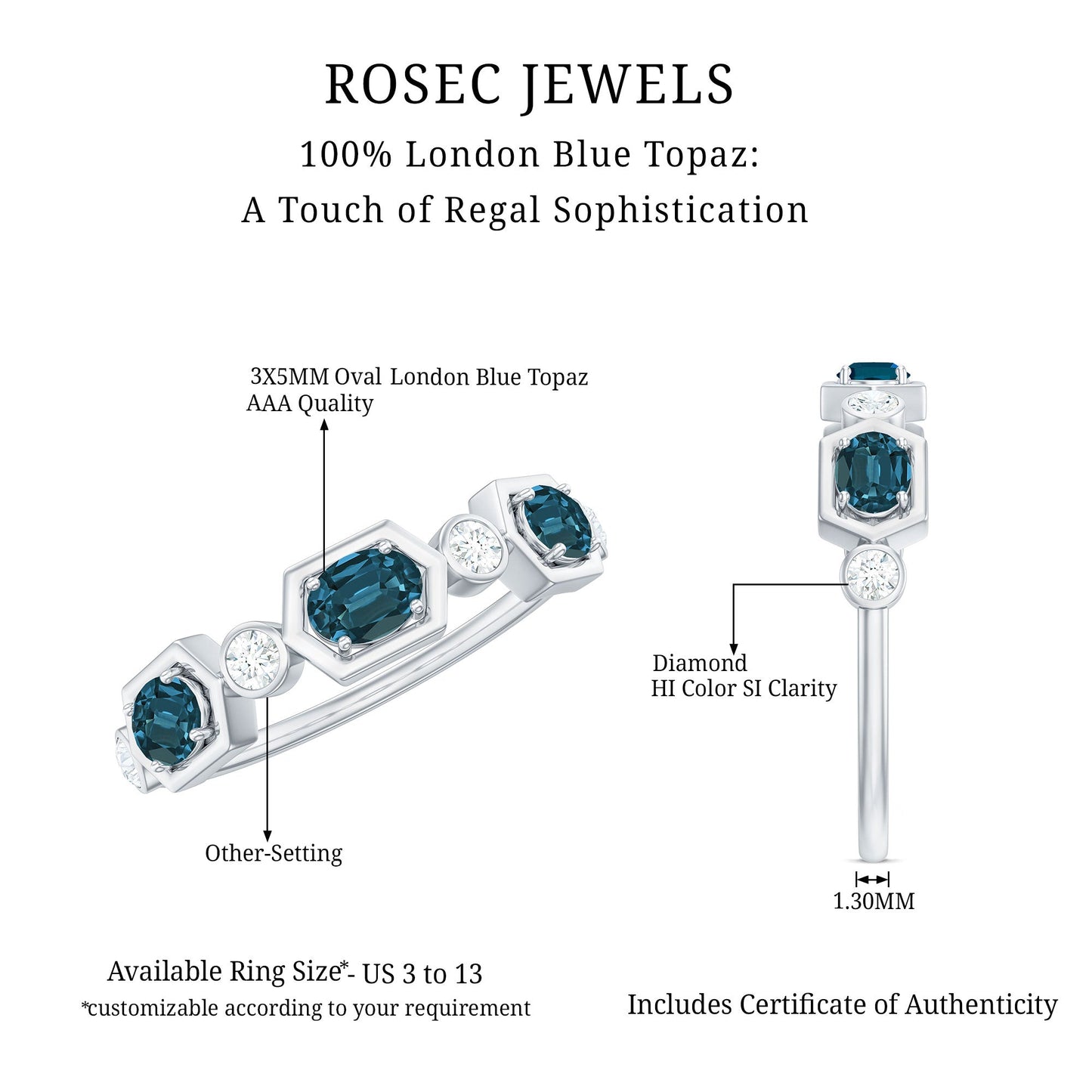 Real Certified London Blue Topaz Halft Eternity Band Ring with Diamond
