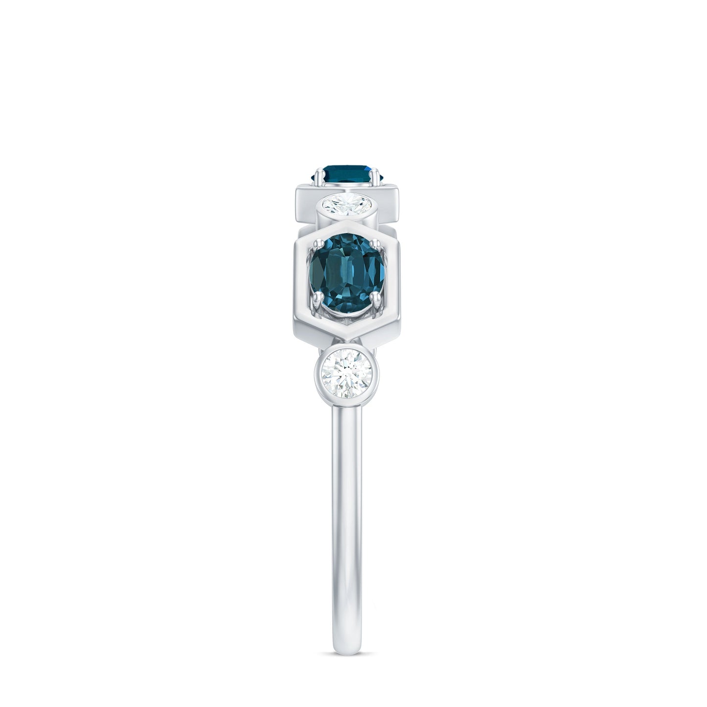 Real Certified London Blue Topaz Halft Eternity Band Ring with Diamond