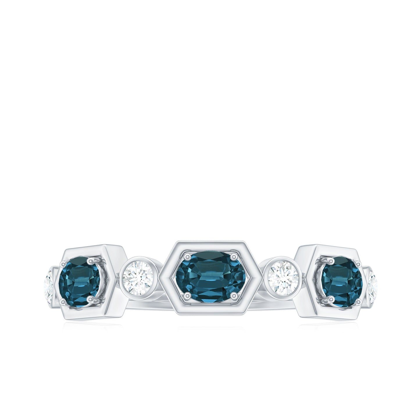 Real Certified London Blue Topaz Halft Eternity Band Ring with Diamond