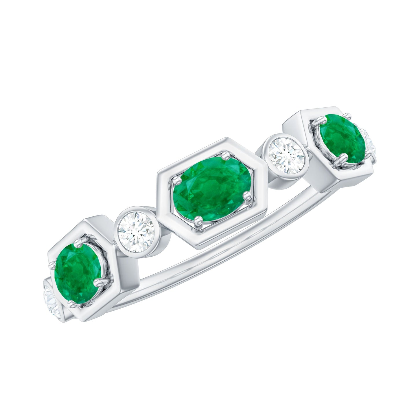 Classic Oval Emerald Diamond Half Eternity Band Ring in East West Style