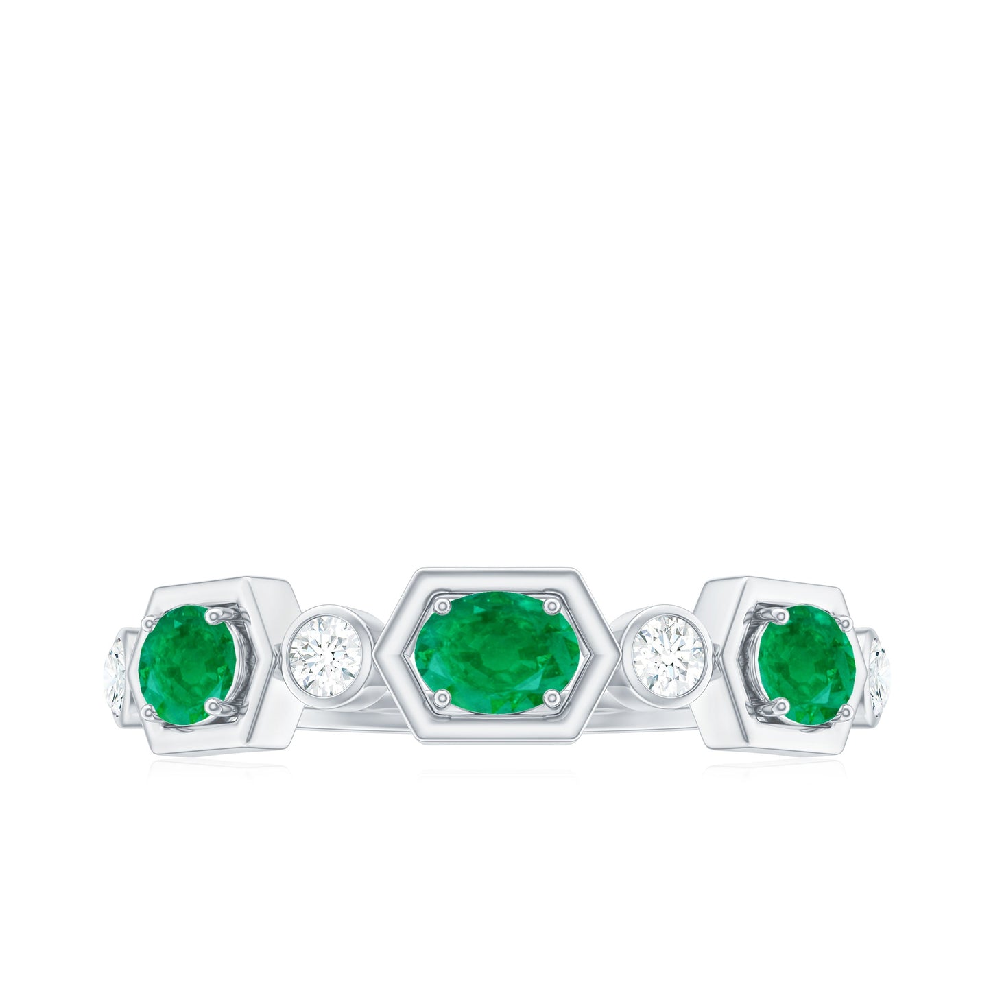 Classic Oval Emerald Diamond Half Eternity Band Ring in East West Style