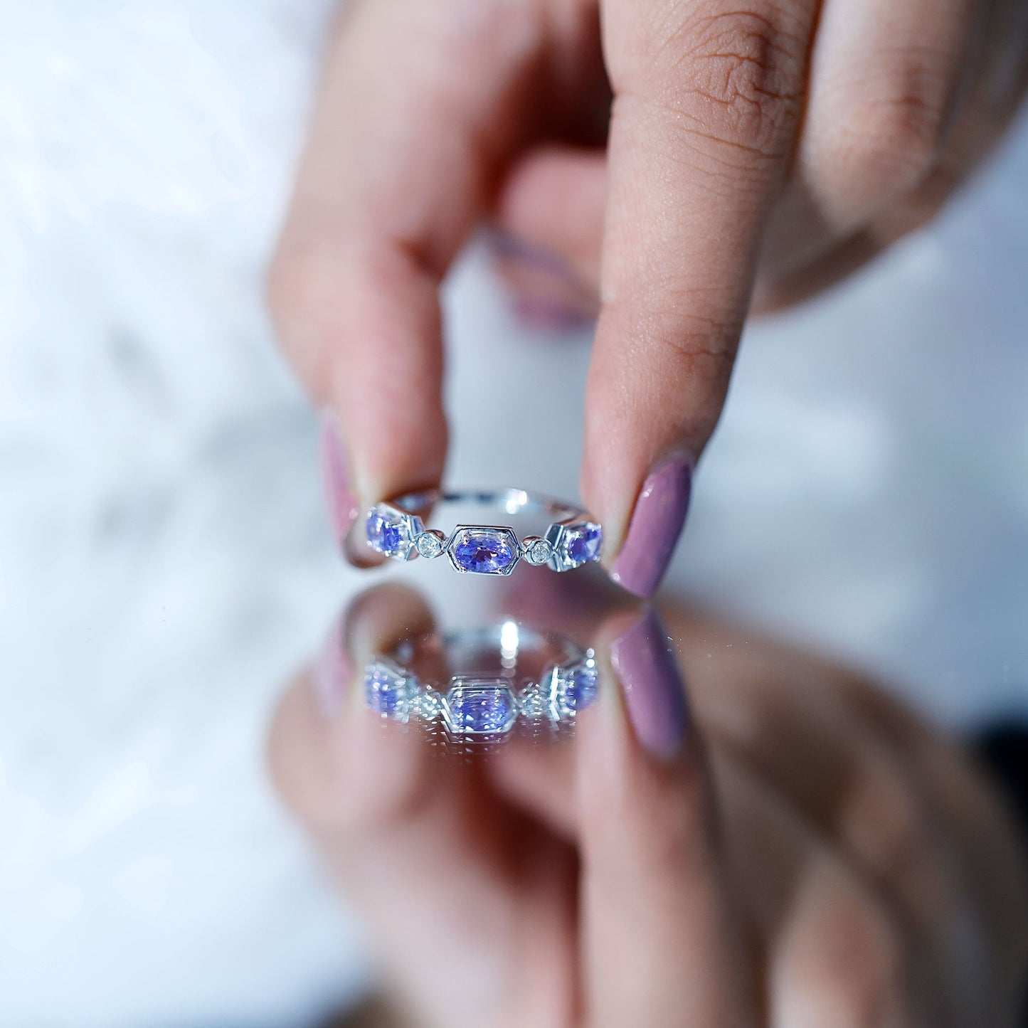 Real Tanzanite and Diamond Half Eternity Ring