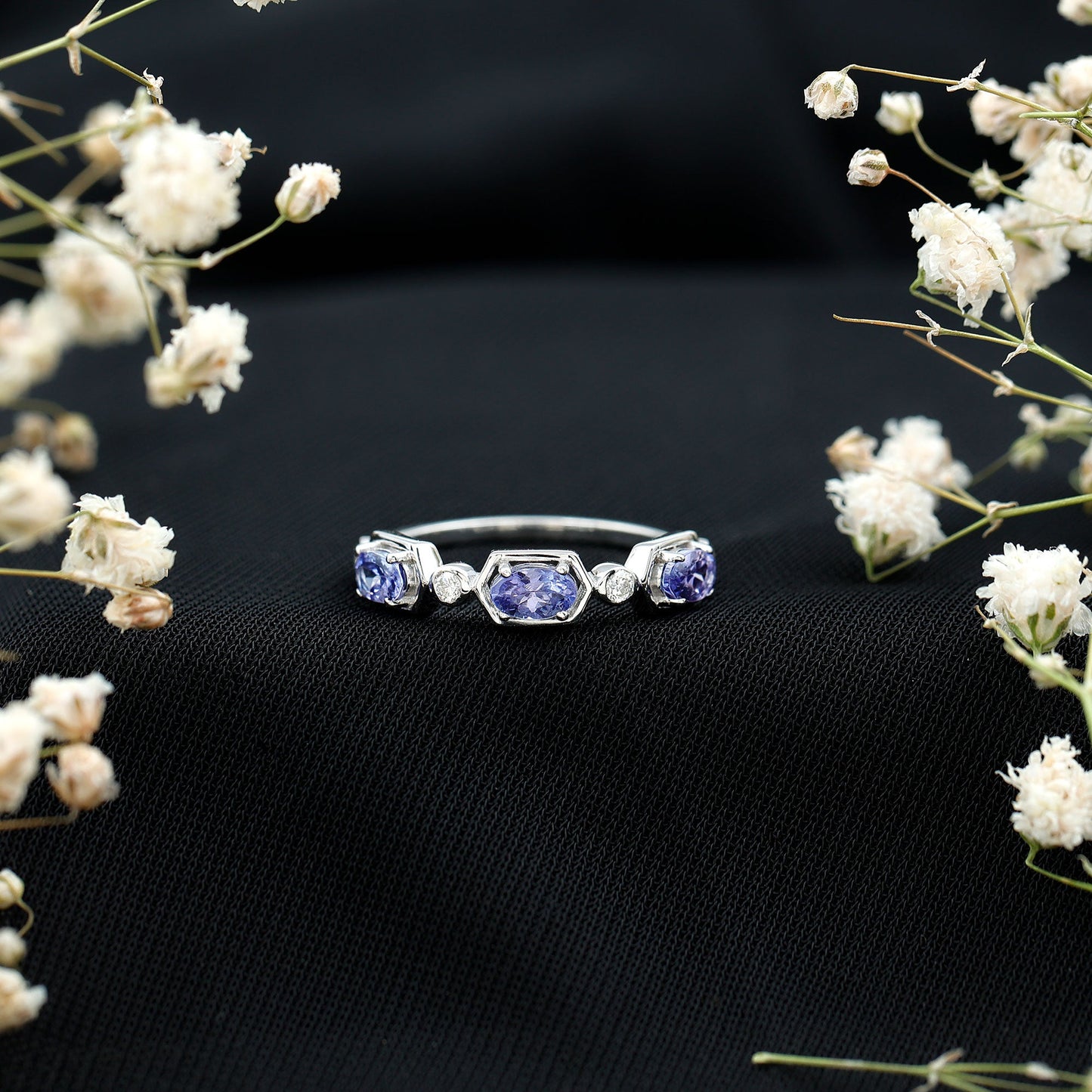 Real Tanzanite and Diamond Half Eternity Ring