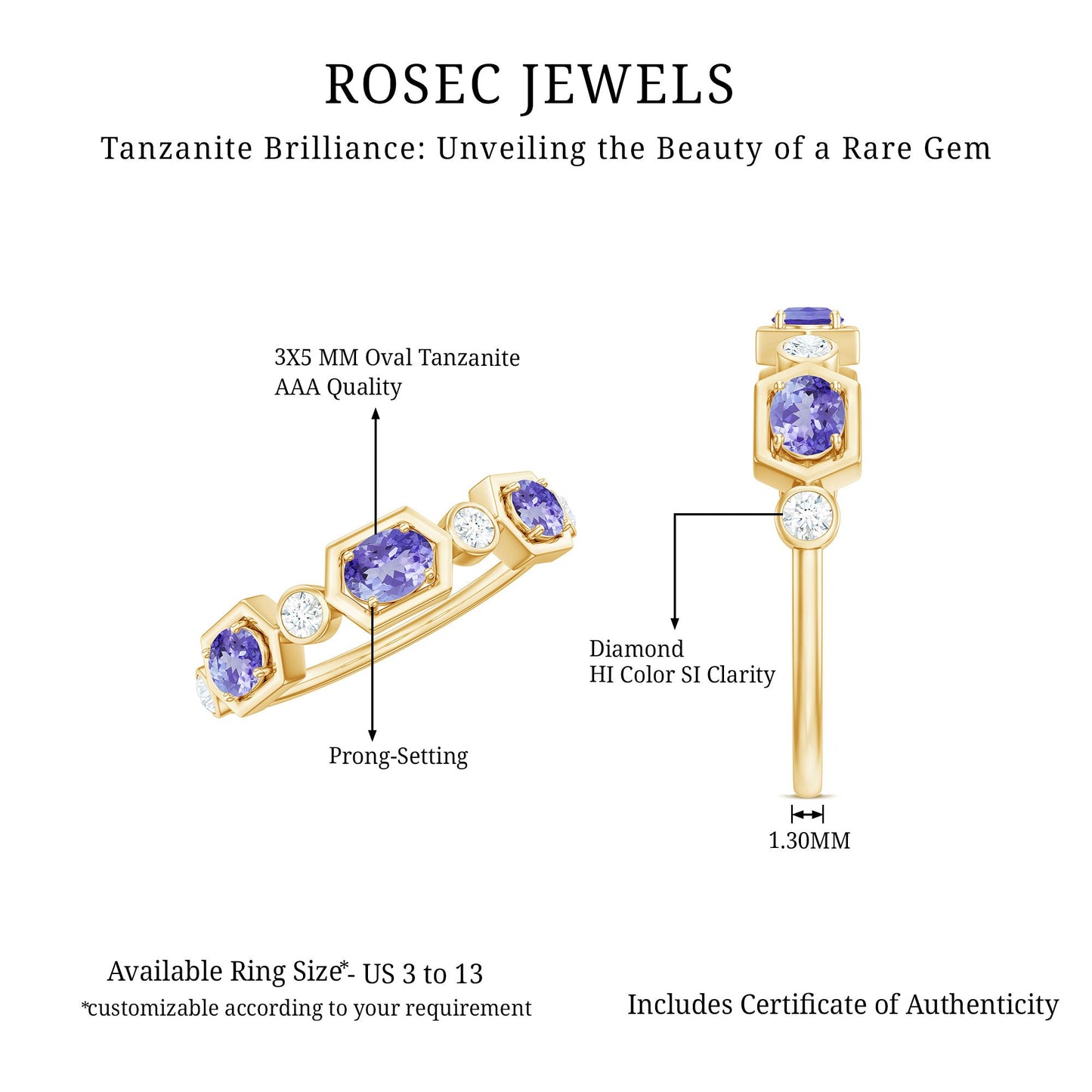 Real Tanzanite and Diamond Half Eternity Ring