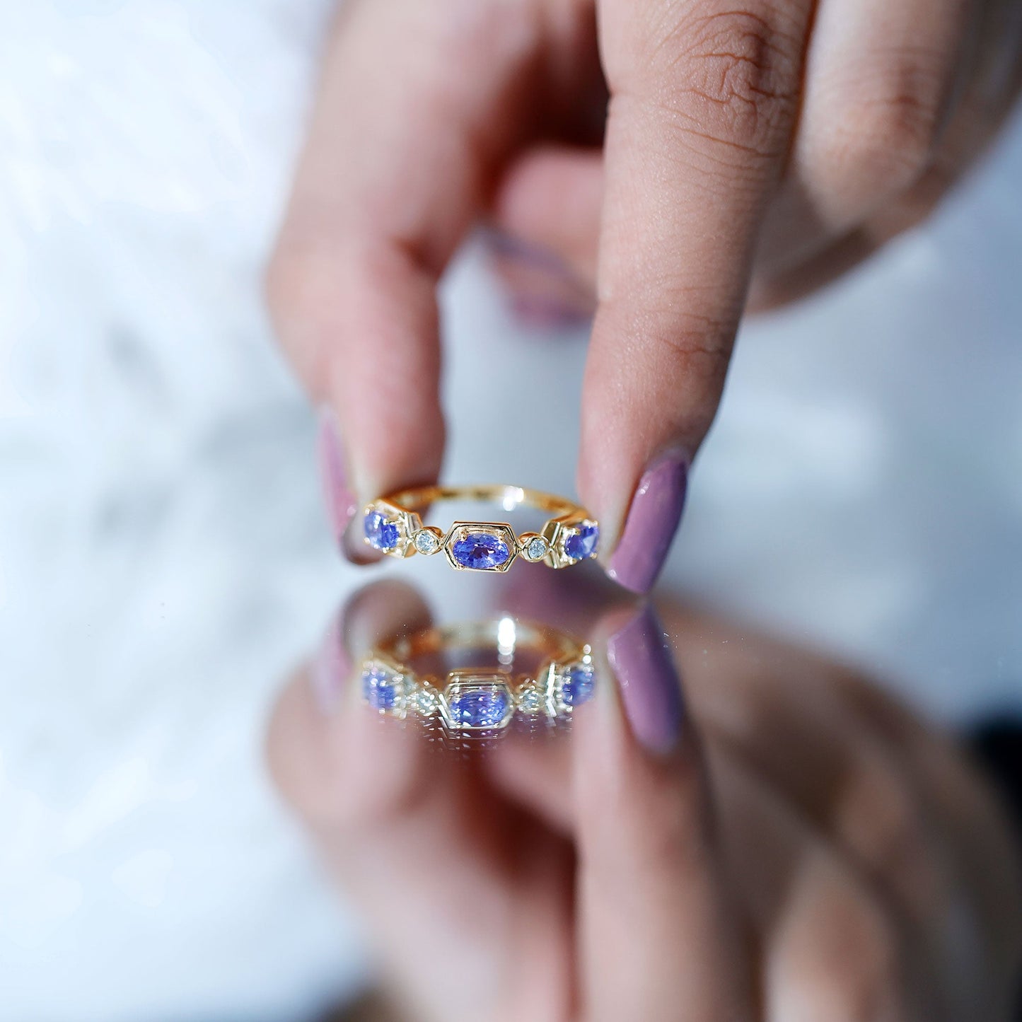 Real Tanzanite and Diamond Half Eternity Ring