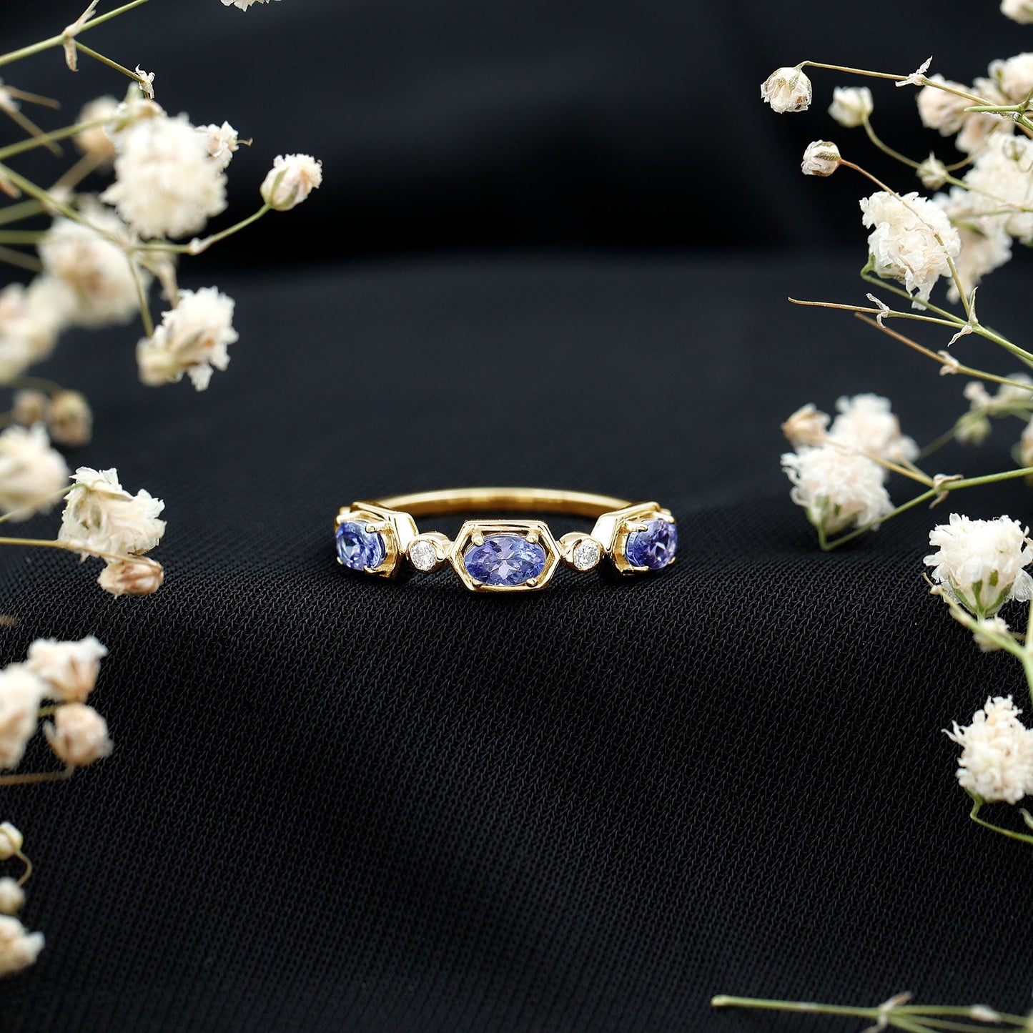 Real Tanzanite and Diamond Half Eternity Ring
