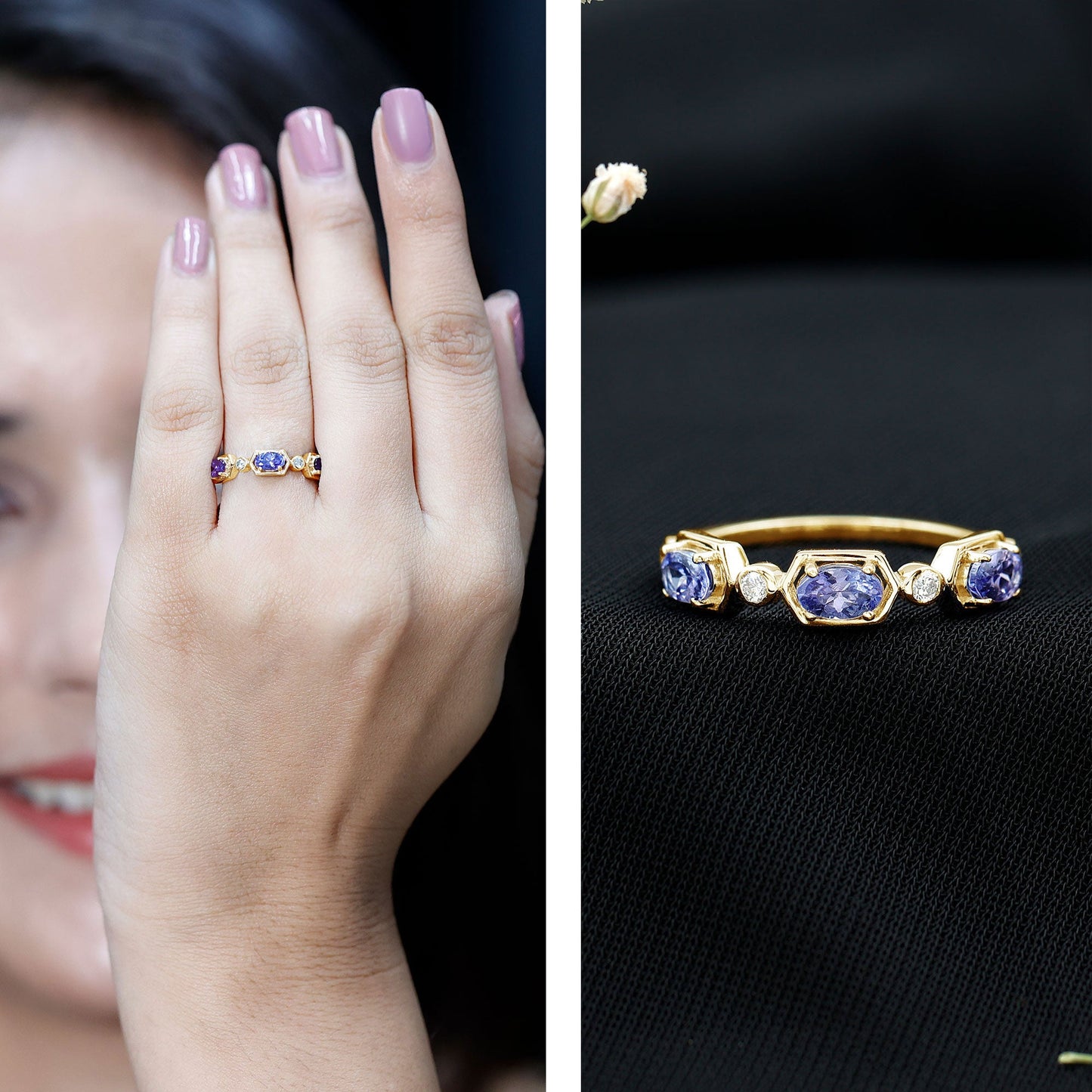 Real Tanzanite and Diamond Half Eternity Ring