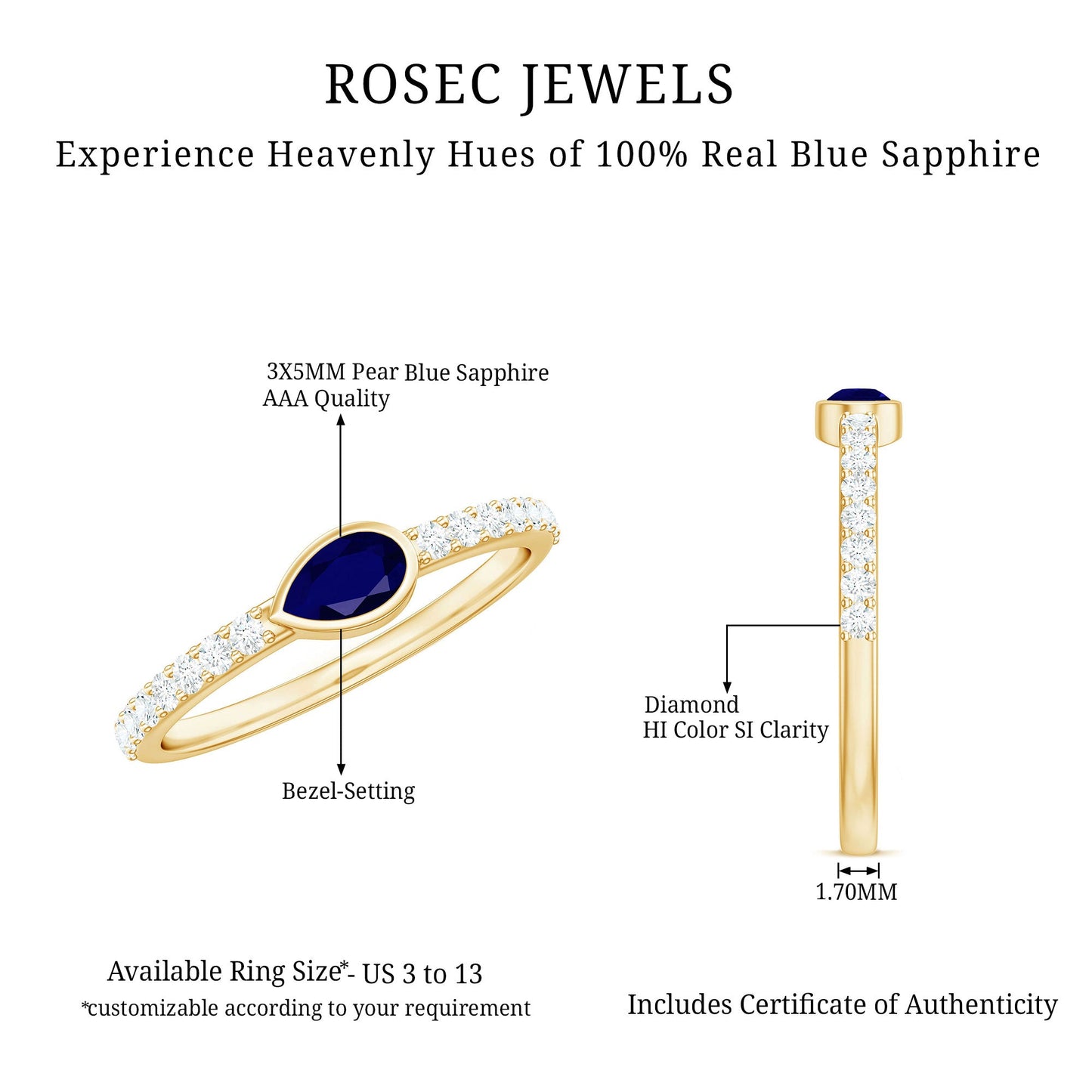 Real Pear Shape Blue Sapphire Promise Ring with Diamond