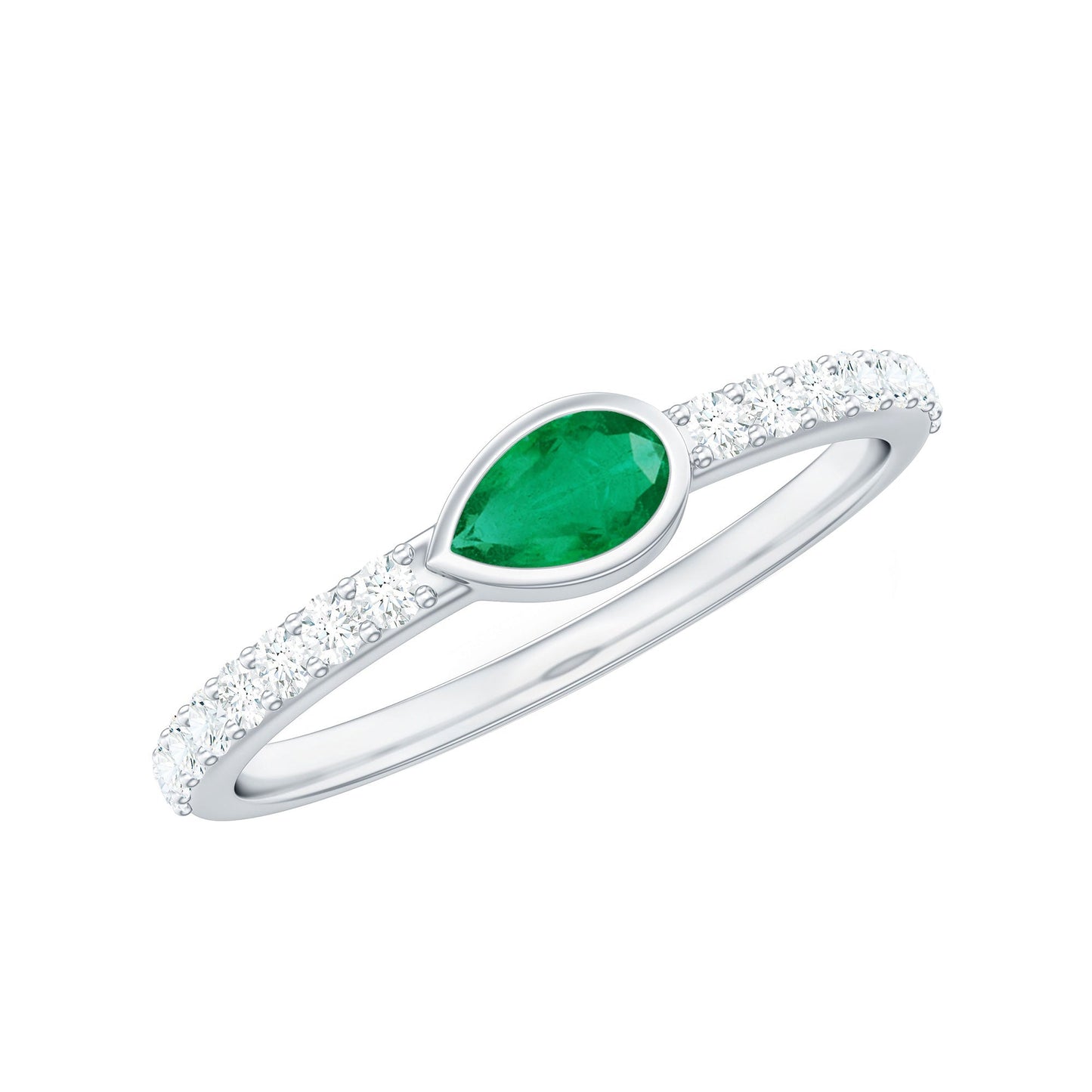 Natural Pear Shape Emerald Diamond Promise Ring in Bezel Setting