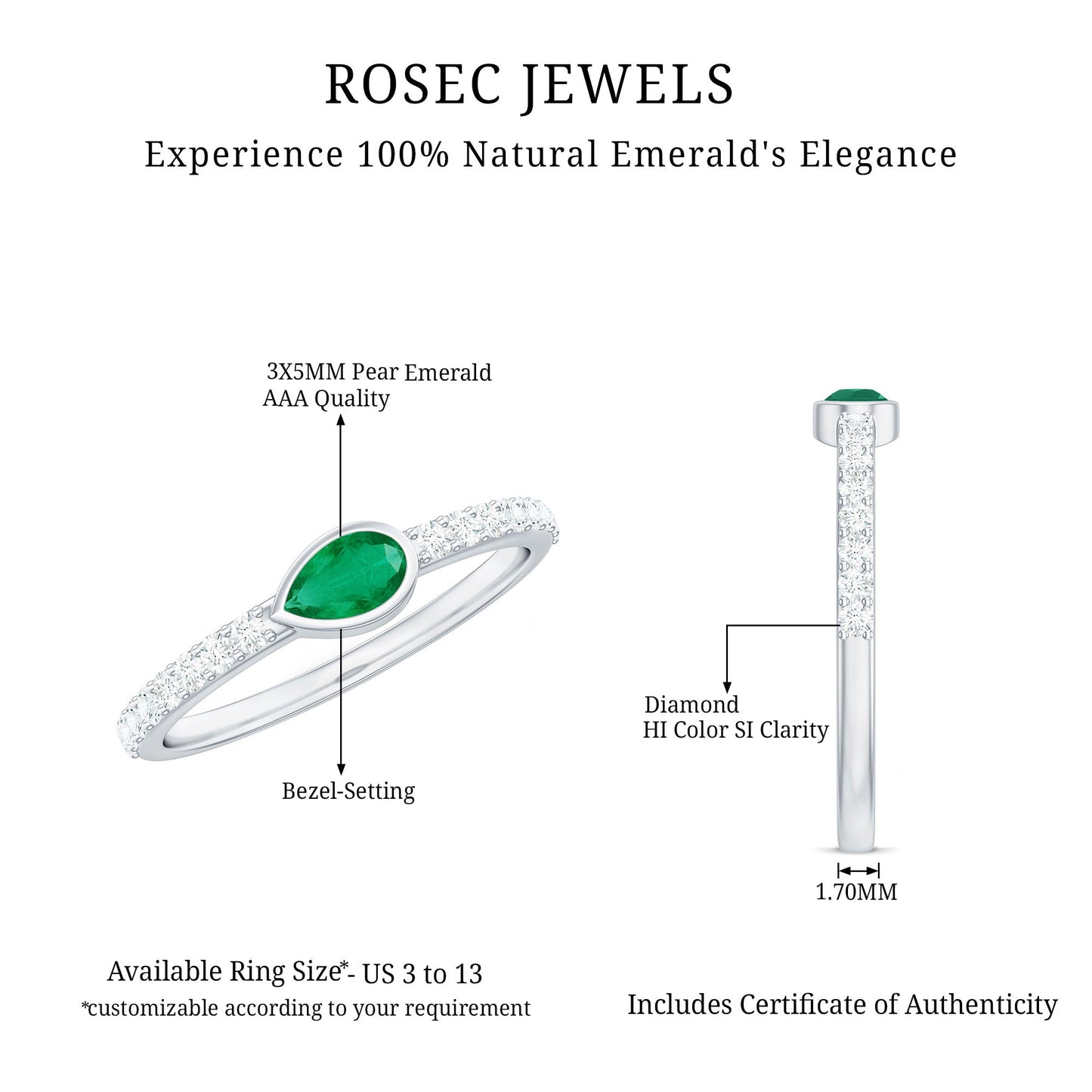 Natural Pear Shape Emerald Diamond Promise Ring in Bezel Setting