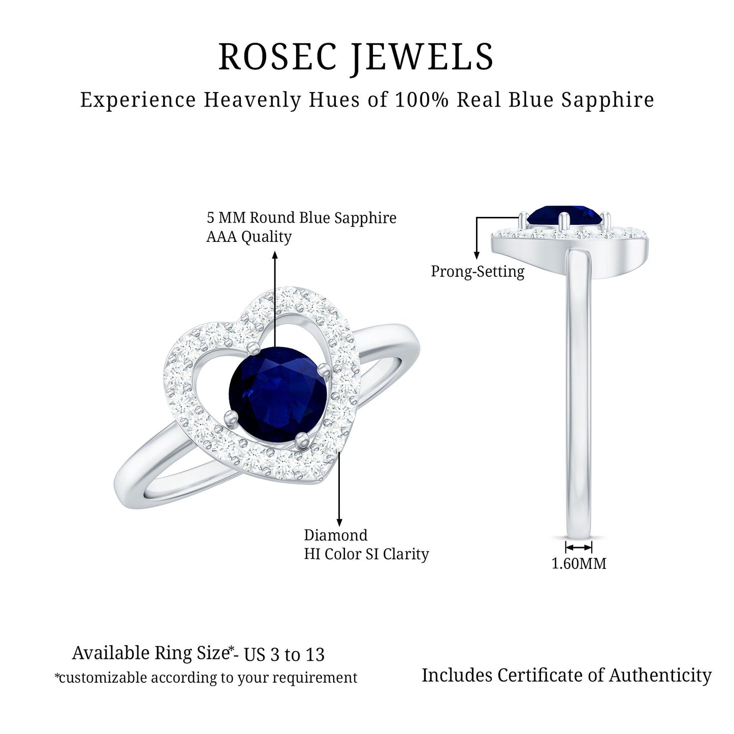 Natural 0.9 Carat Blue Sapphire Heart Engagement Ring with Diamond