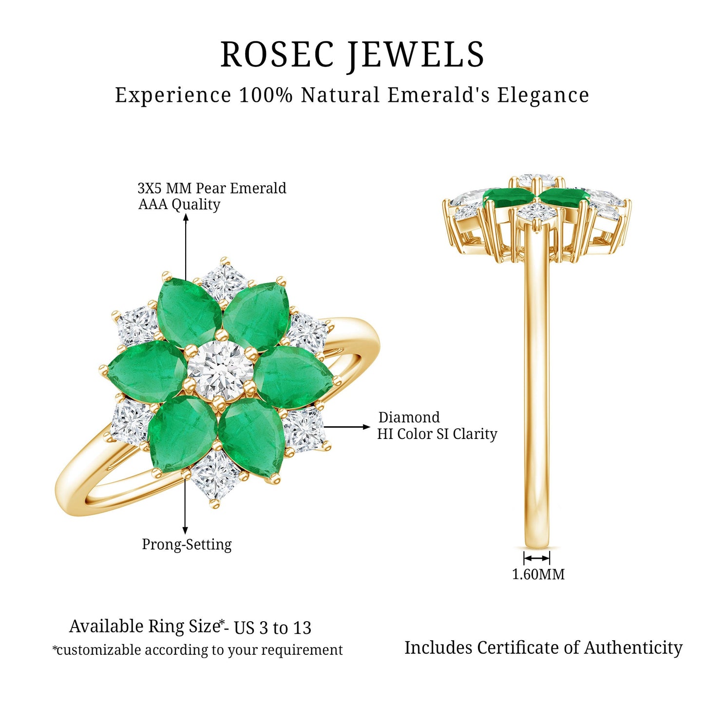 Genuine Emerald and Diamond Nature Inspired Statement Ring