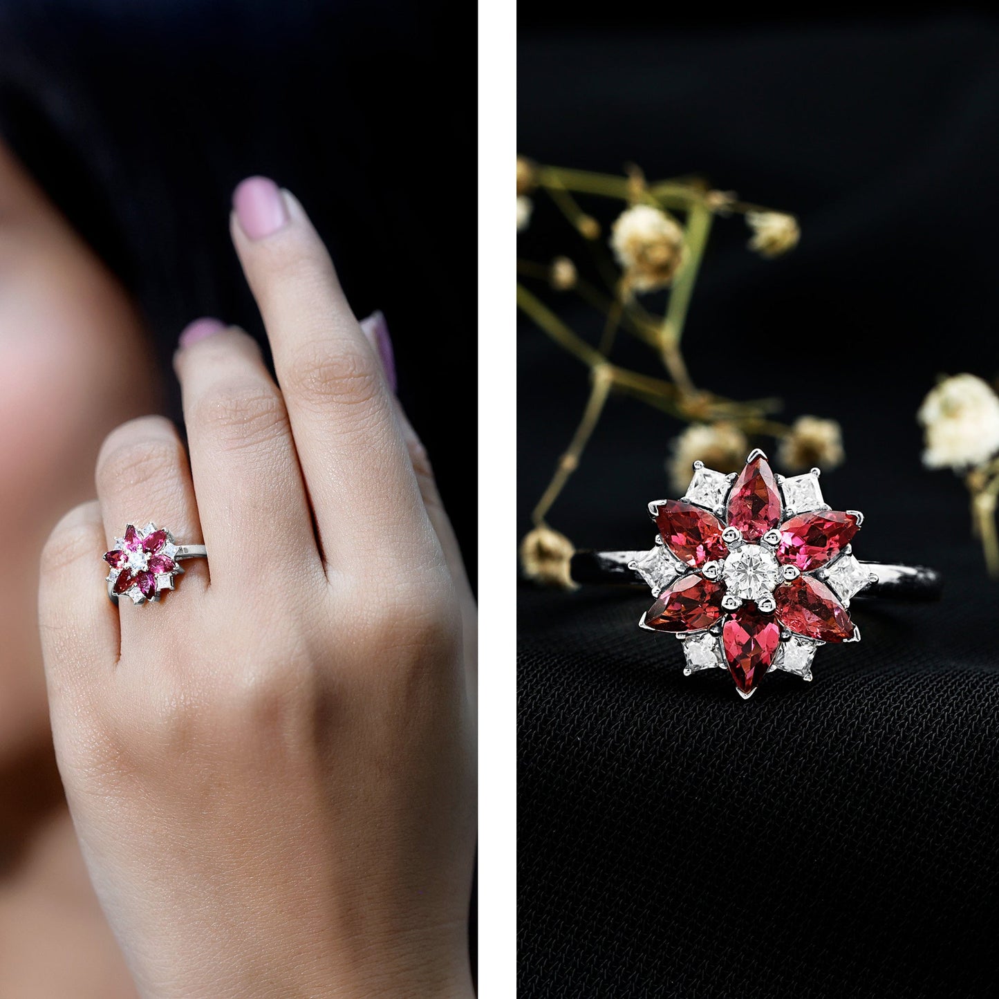 Certified Pink Tourmaline Flower Engagement Ring with Diamond
