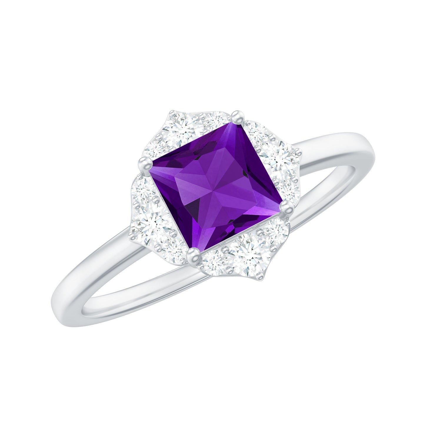 Natural 1.2 Carat Princess Cut Amethyst Flower Engagement Ring with Diamond