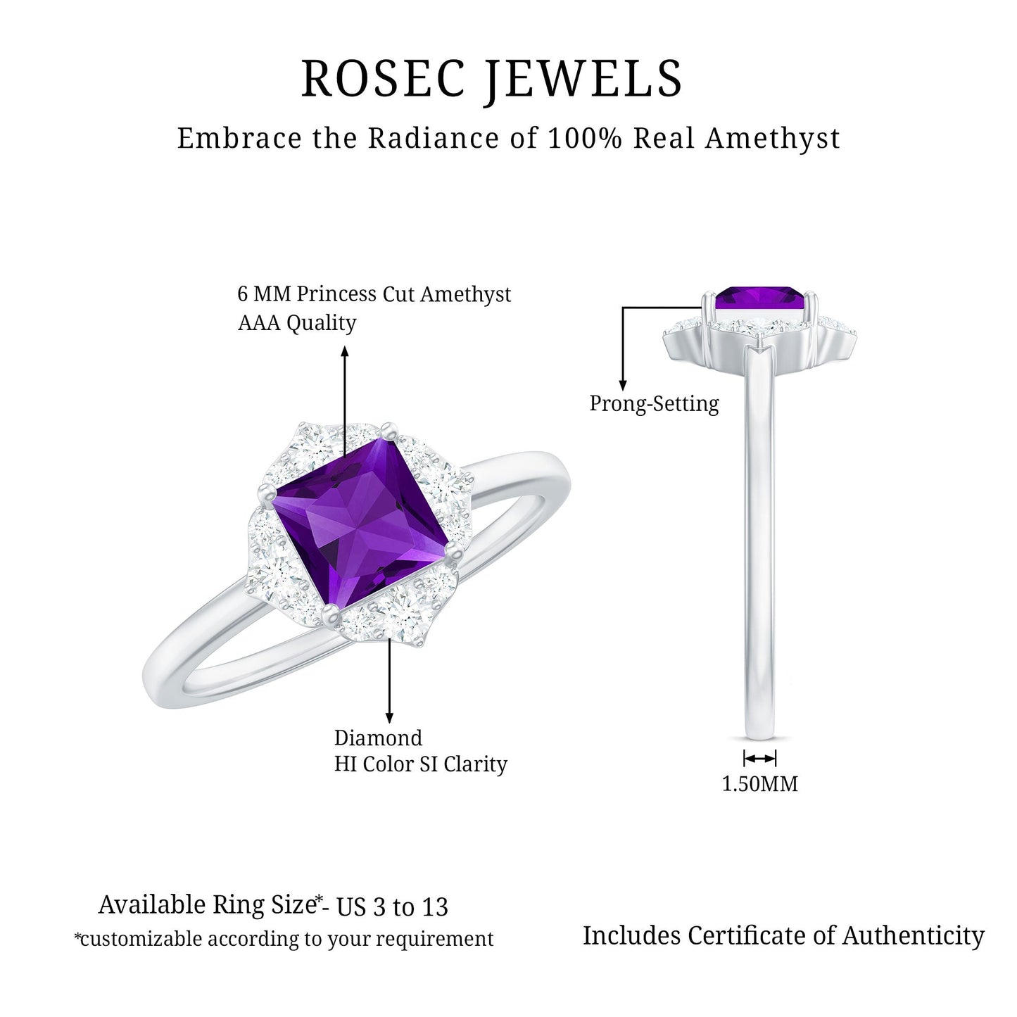 Natural 1.2 Carat Princess Cut Amethyst Flower Engagement Ring with Diamond