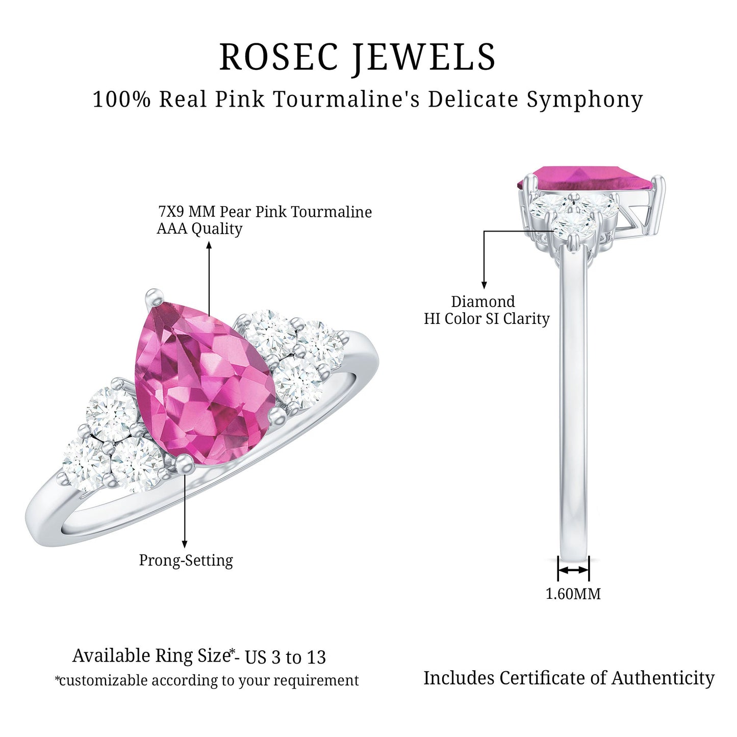 Pear Shaped Pink Tourmaline Solitaire Engagement Ring with Diamond Trio