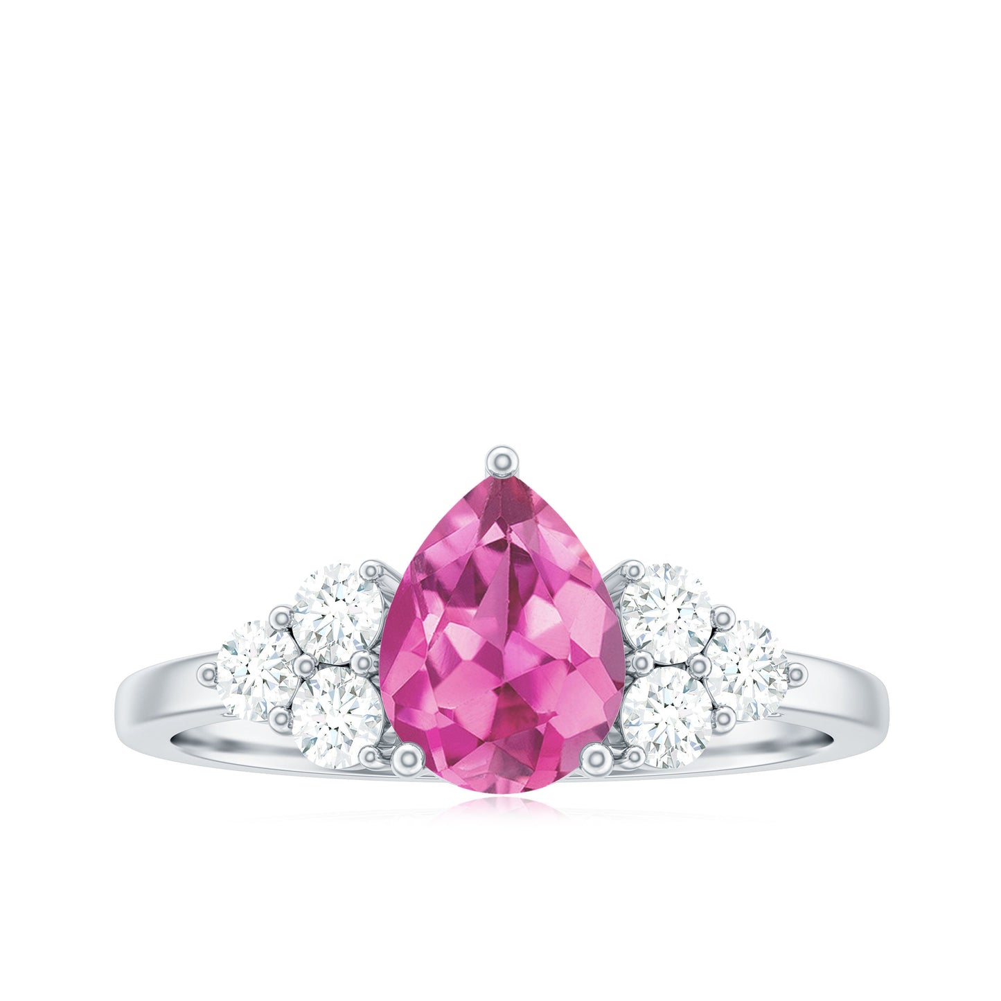 Pear Shaped Pink Tourmaline Solitaire Engagement Ring with Diamond Trio