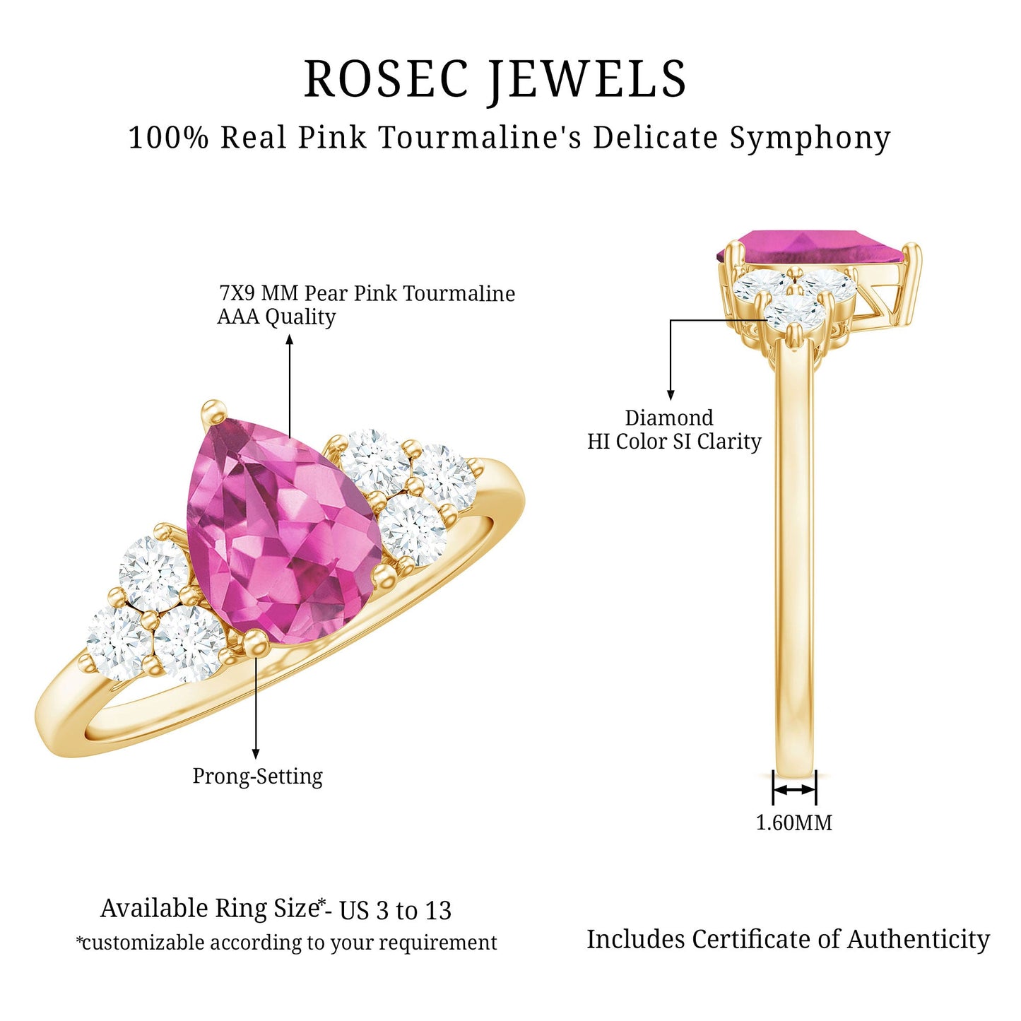 Pear Shaped Pink Tourmaline Solitaire Engagement Ring with Diamond Trio