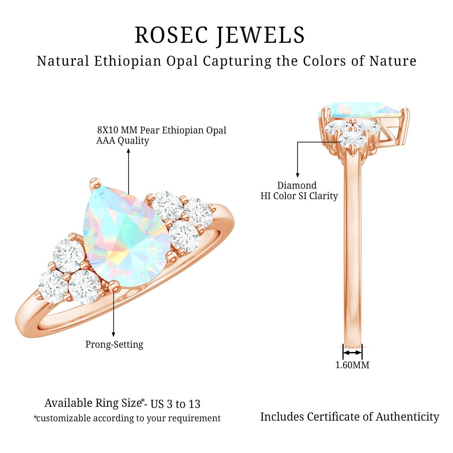 Natural 2 Carat Ethiopian Opal Pear Shaped Engagement Ring with Diamond Trio
