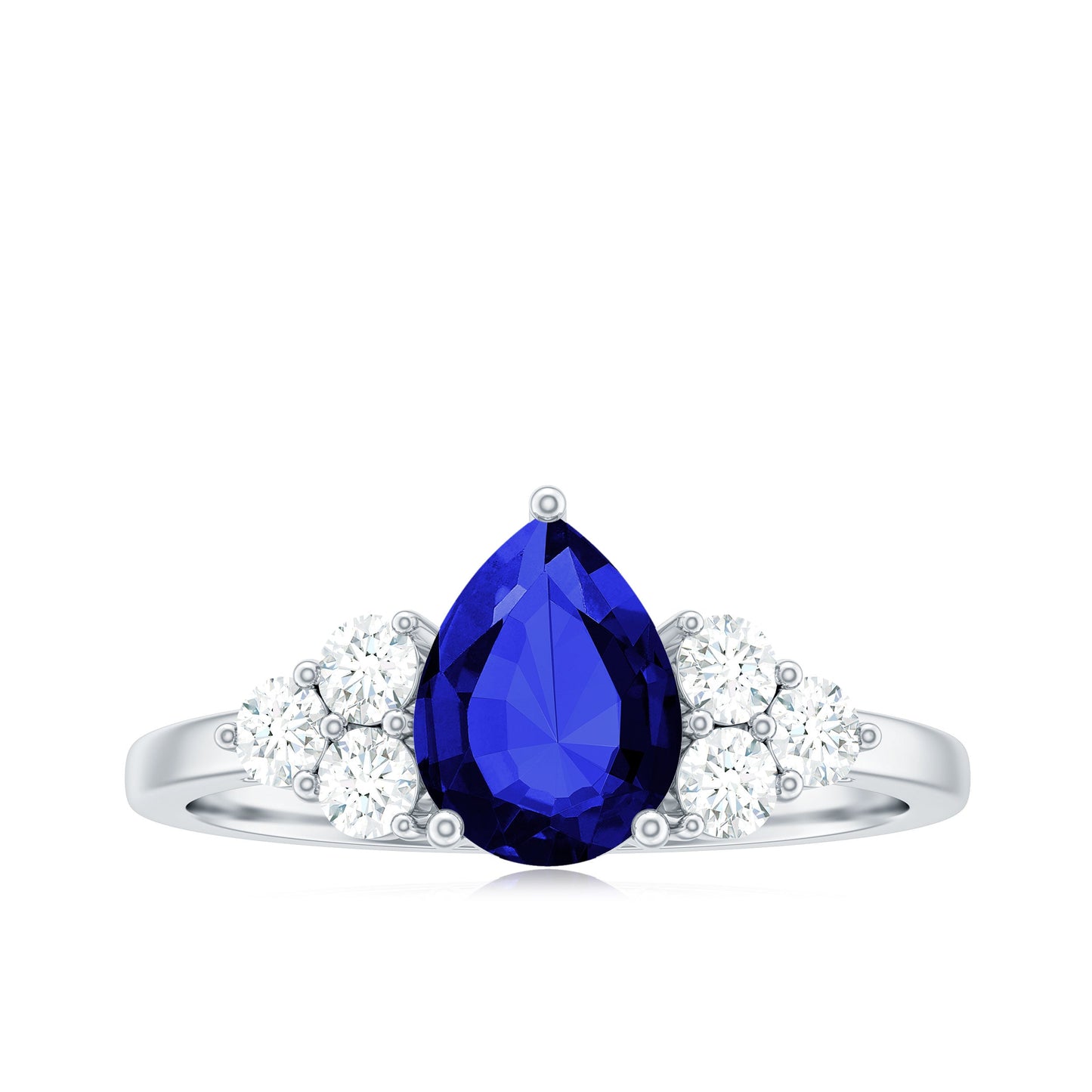 Certified 1.6 Carat Lab Grown Blue Sapphire Pear Engagement Ring with Diamond Trio