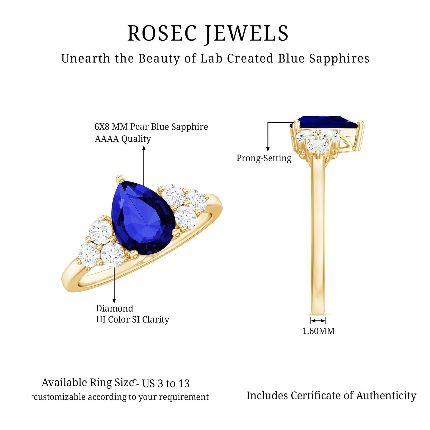 Certified 1.6 Carat Lab Grown Blue Sapphire Pear Engagement Ring with Diamond Trio