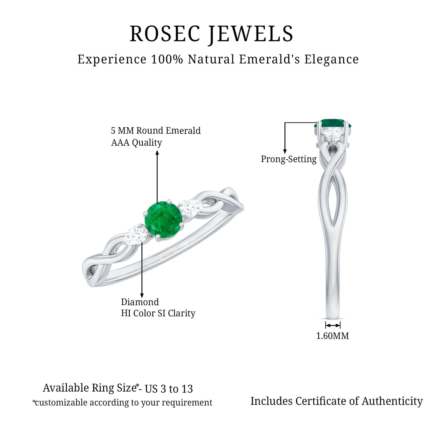 Genuine Emerald and Diamond Promise Ring with Crossover Shank