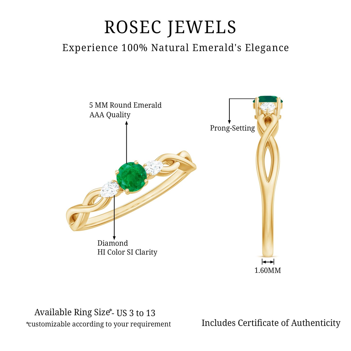 Genuine Emerald and Diamond Promise Ring with Crossover Shank
