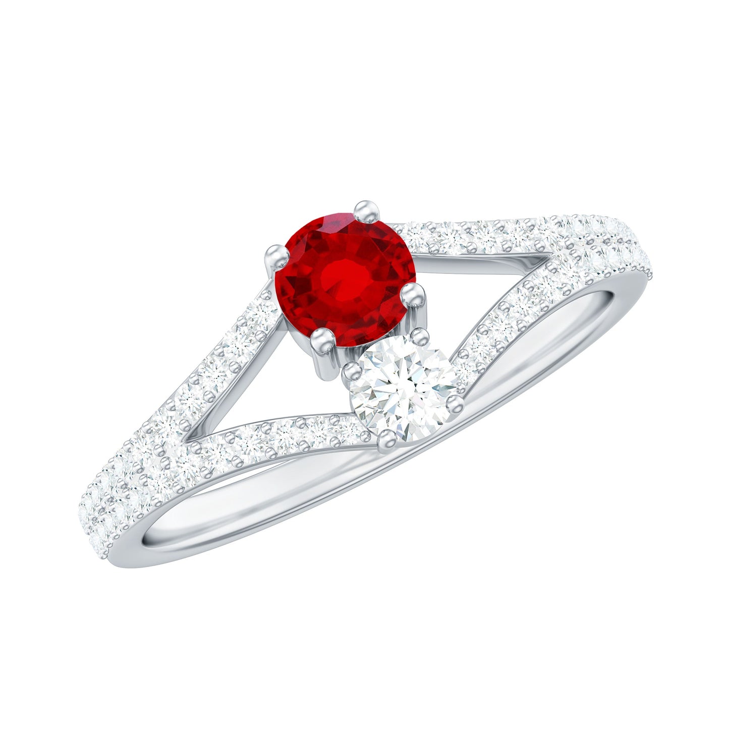 Certified Lab Grown Ruby Diamond 2 Stone Promise Ring with Split Shank
