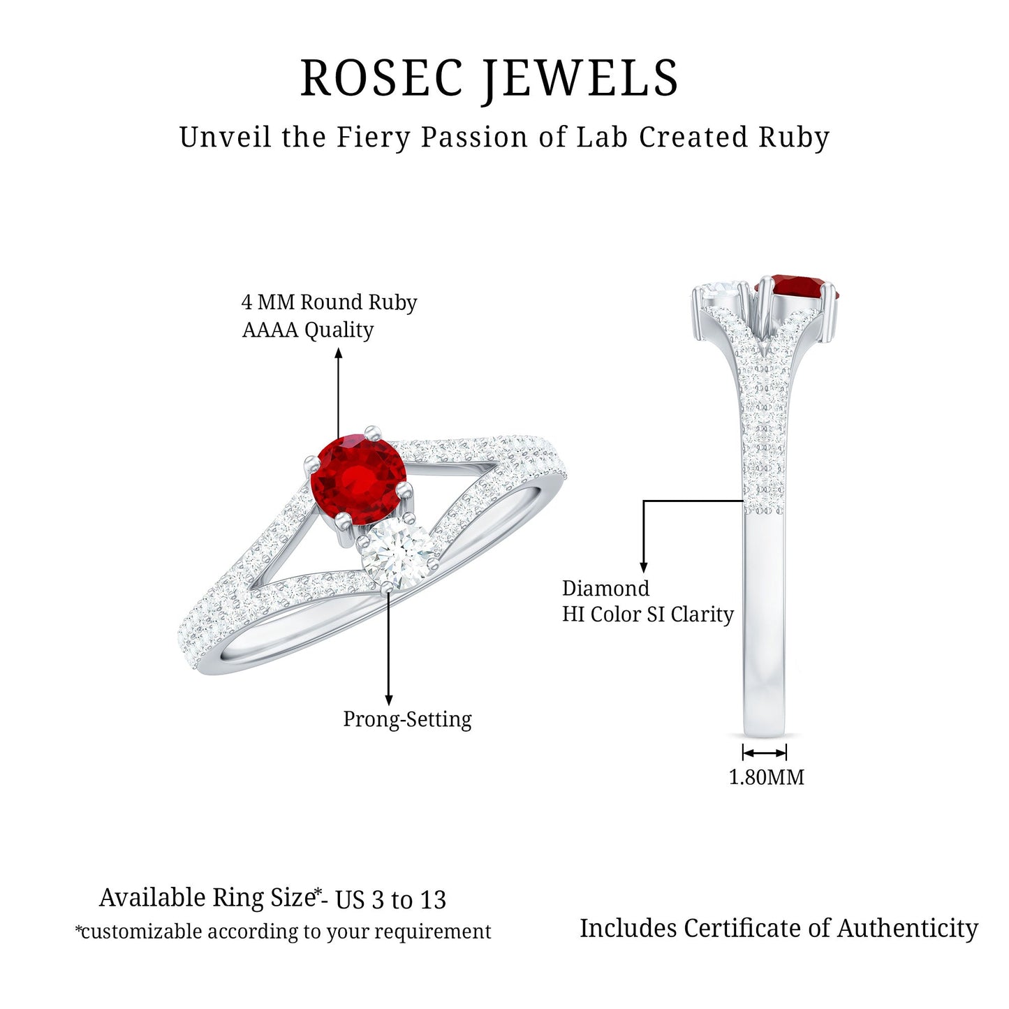 Certified Lab Grown Ruby Diamond 2 Stone Promise Ring with Split Shank
