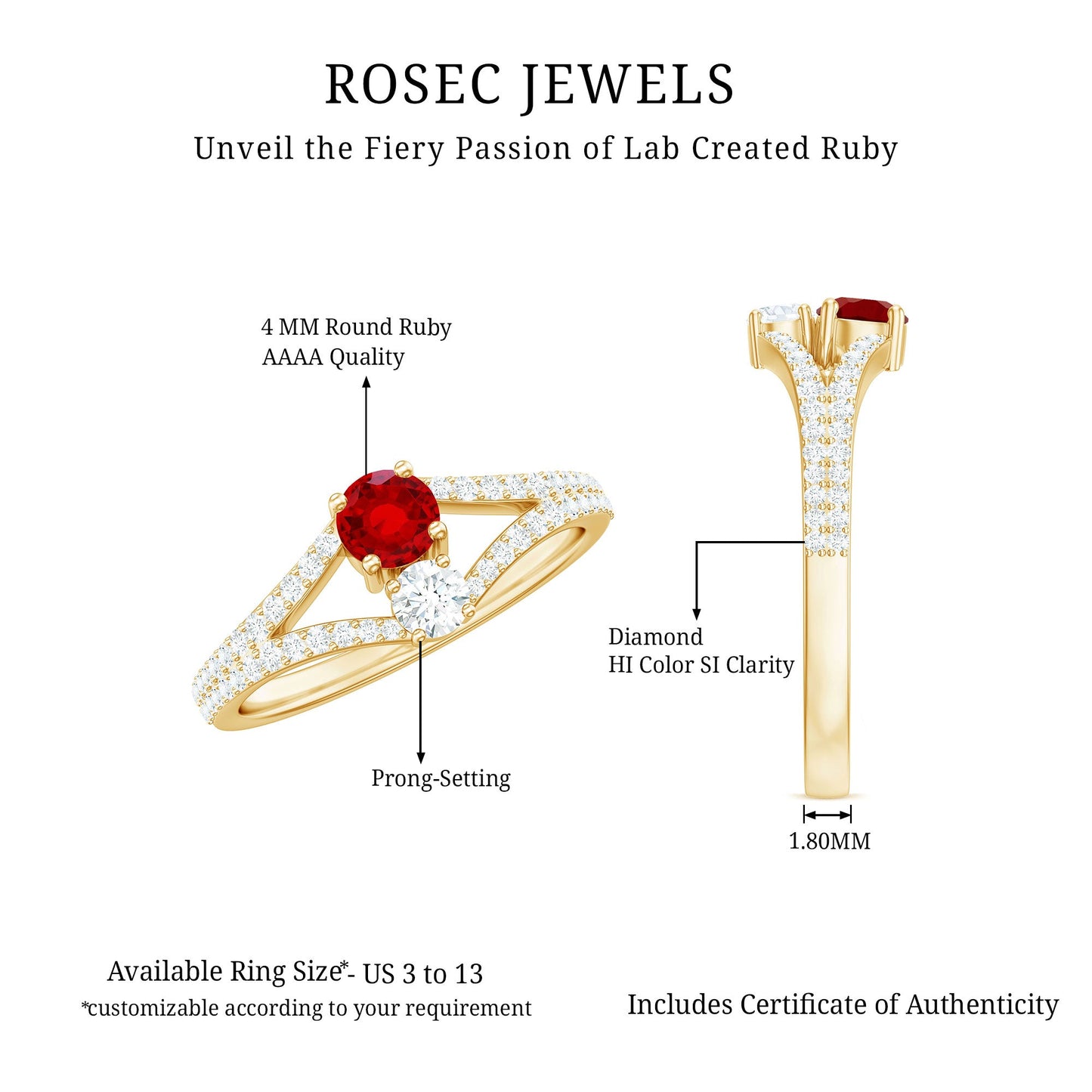 Certified Lab Grown Ruby Diamond 2 Stone Promise Ring with Split Shank