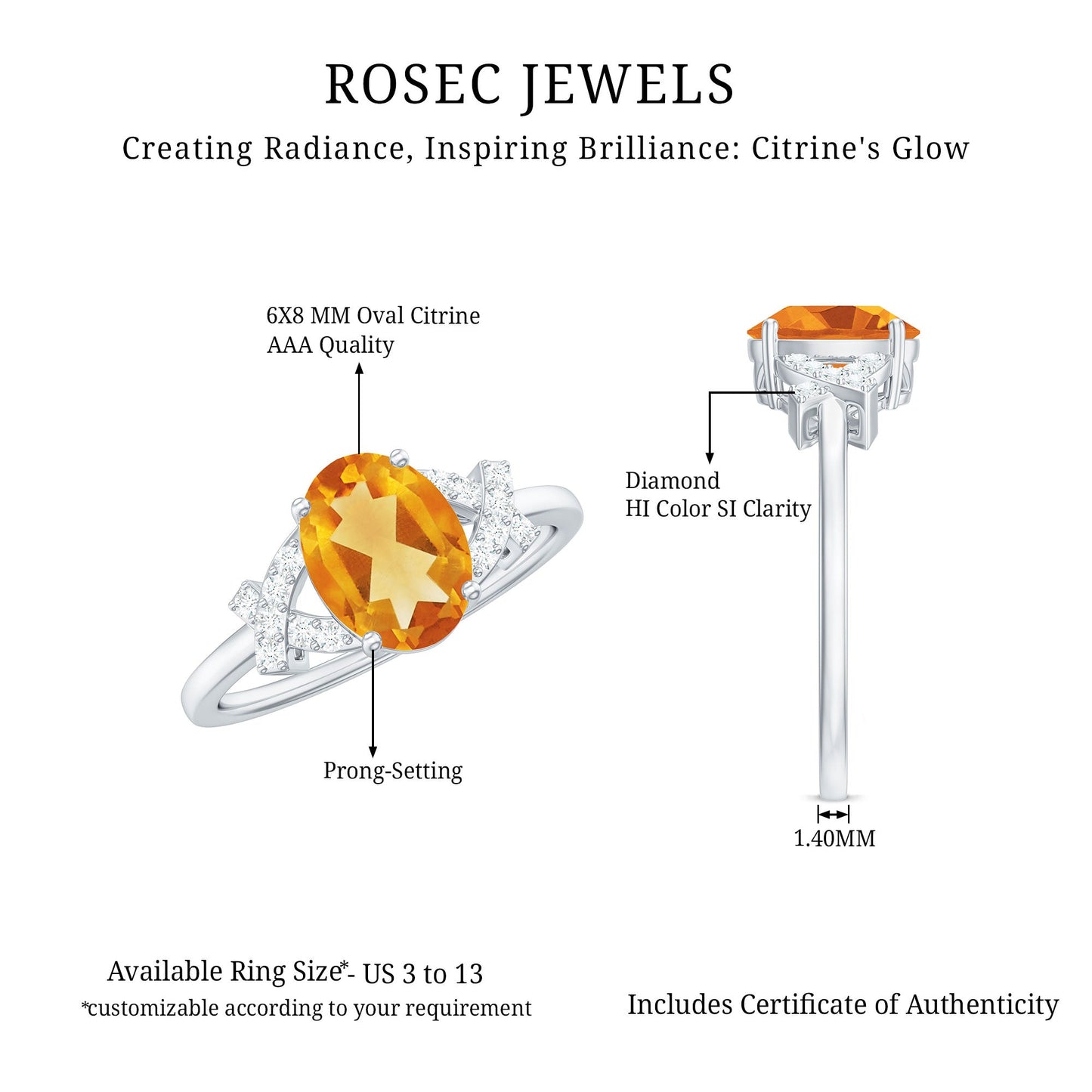 Natural 1 Carat Citrine Oval Engagement Ring with Diamond