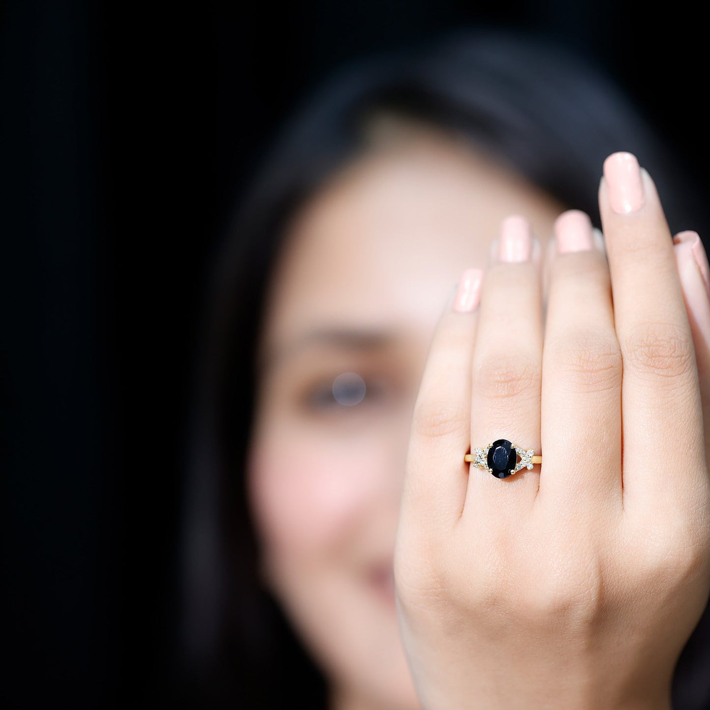 1.9 Carat Lab Grown Black Diamond Oval Engagement Ring with White Diamond Split Shank